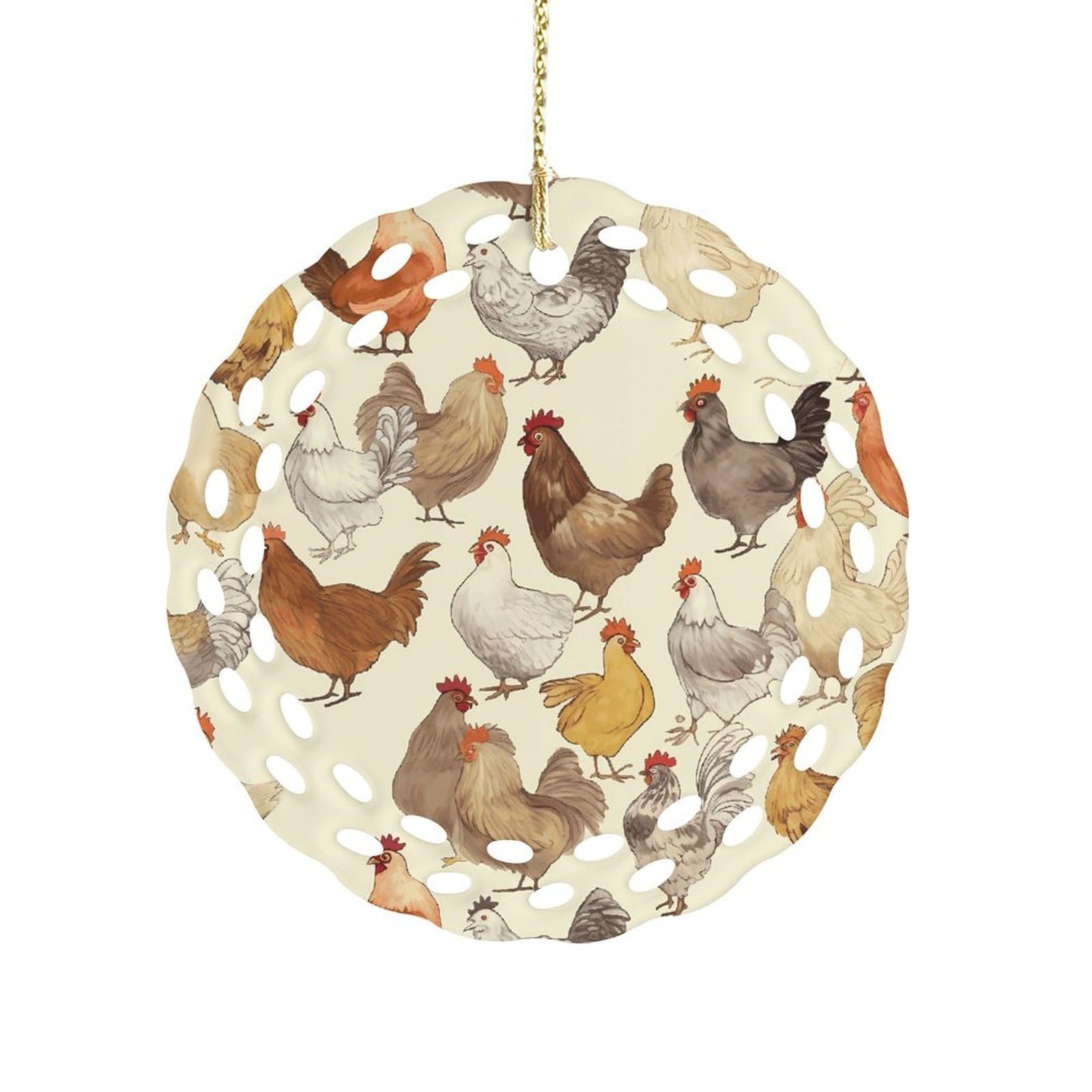 Btcowzrv Style A Brood Of Chickens Ceramic Ornament,Round Ornaments With Hole Easy To Hang,Hanging Ornament For Wedding Party Home Window Garden Christmas Day Decor