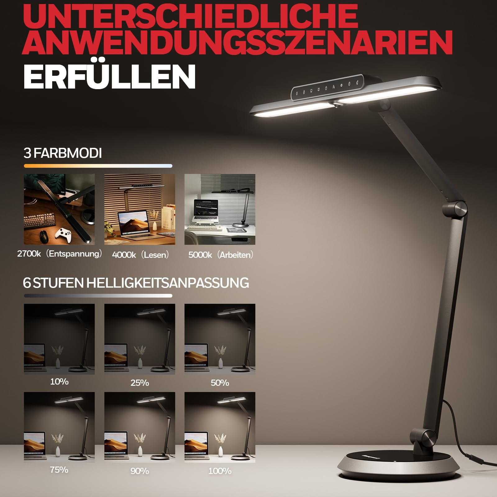 Honeywell LED-Tischleuchte H9 Sunturalux dimmbar mit Bewegungsmelder | 1000LM, CRI≥91, 2700K-5000K, augenschonend, RG0 geringes Blaulicht, stufenlose Dimmung, Leuchte für Schreibtisch
