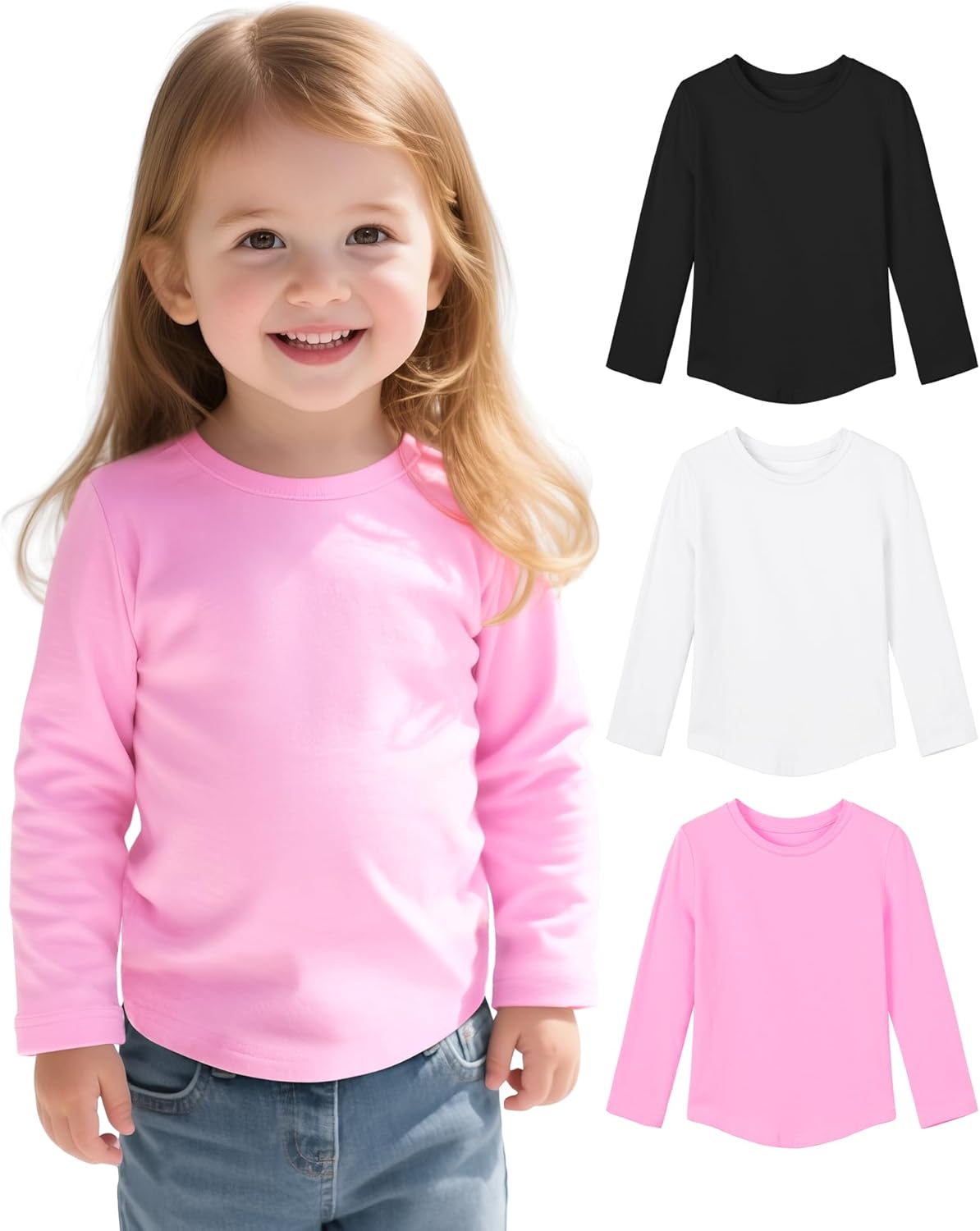 Witwot 3 Pack Toddler Girl Long Sleeve Shirts Soft Cotton Tees Baby Girls Crewneck Basic T-Shirts Tops for 18M-5T