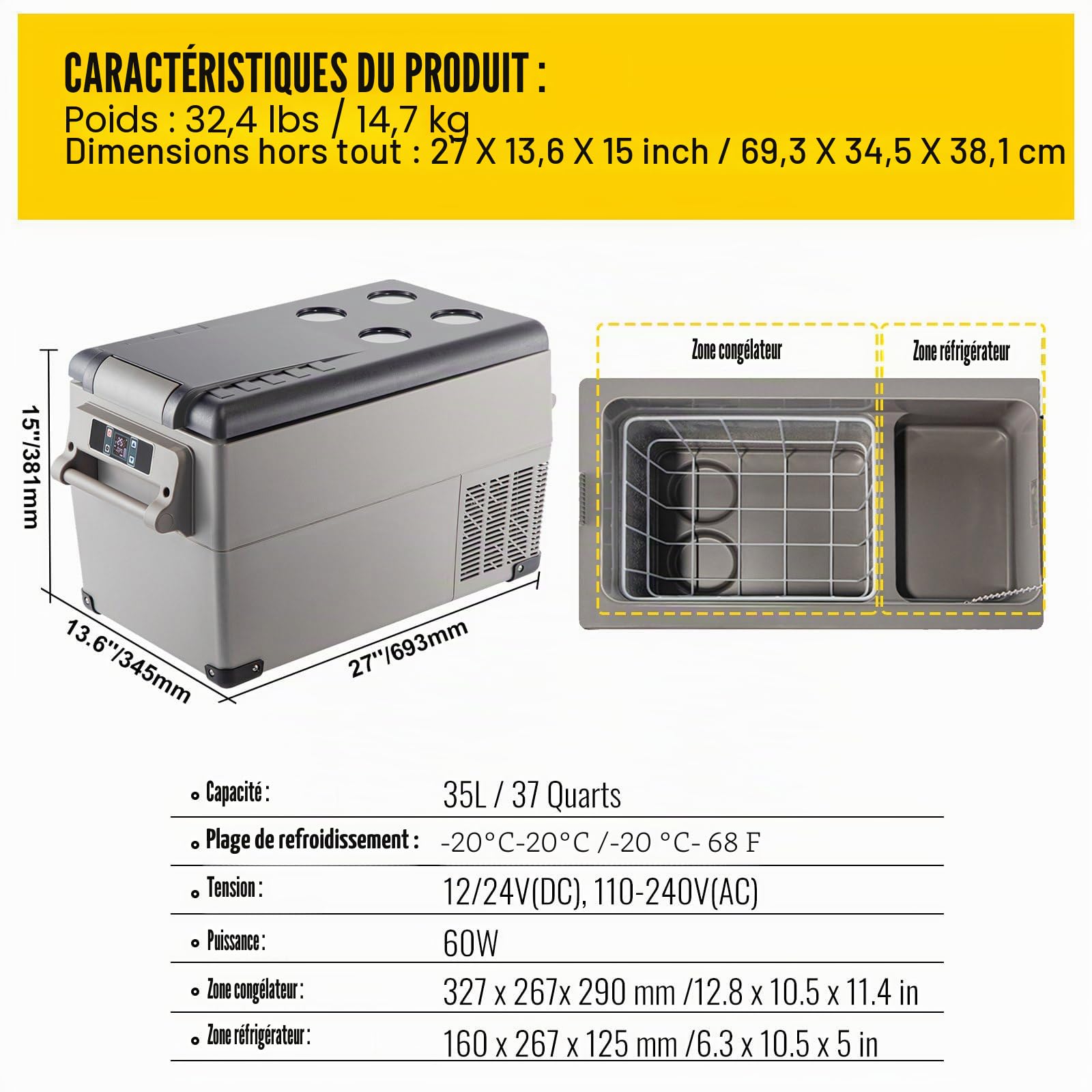 Glacière électrique, 35 L Frigo, 12 V et 230 V congélateur pour Voiture, Camion, Camping-Car, Bateau et Prise de Courant Réfrigérateur Compresseur Voiture