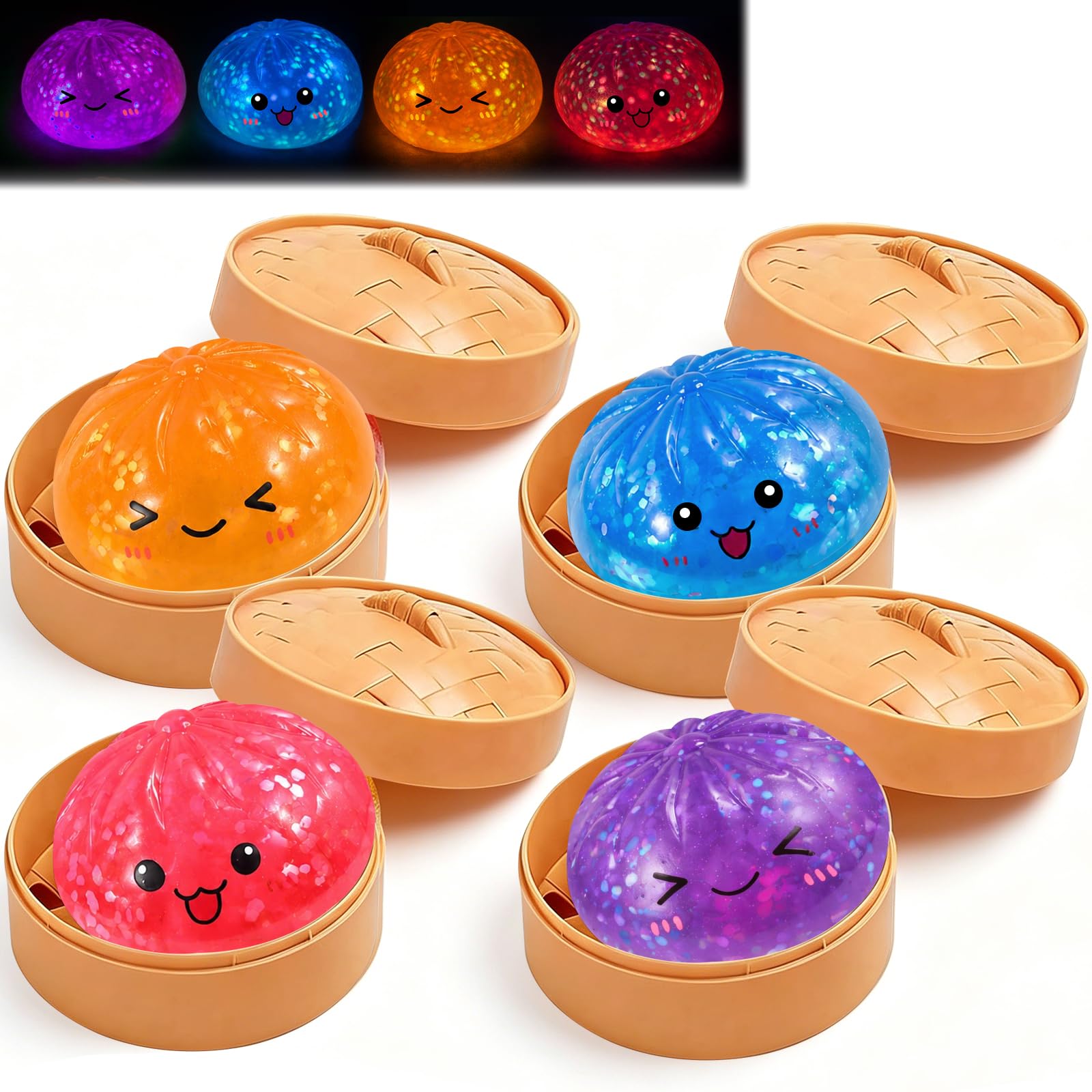 Glow in the Dark Squishy Bao Dumpling Toy, Slow Rising Steamed Dumpling Fidget Squishy Stress Relief Squeeze Toys with Steamer Box, 4PCS Sensory Toys Party Favors Birthday Gifts for Kids Adults