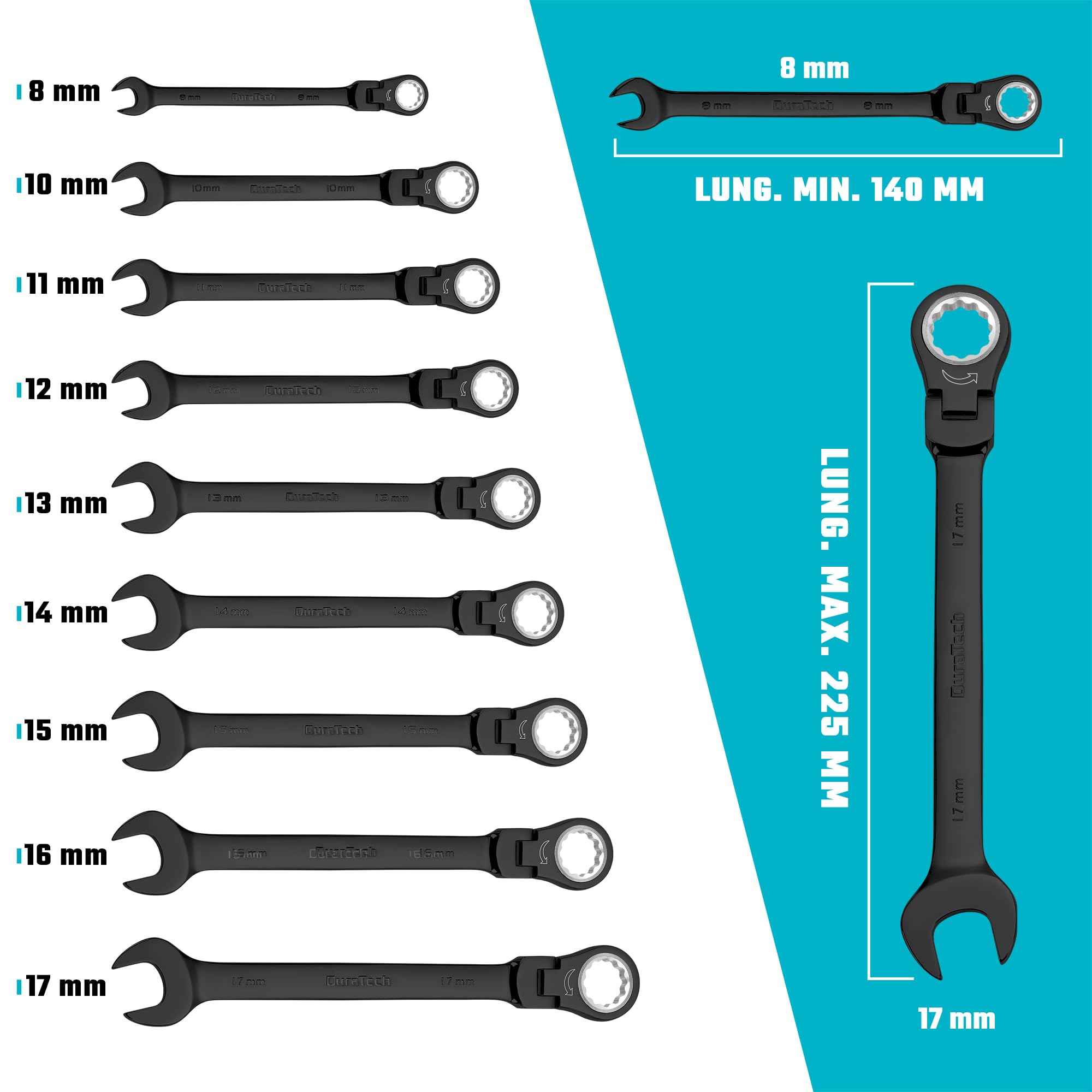 DURATECH Set di chiavi combinate a cricchetto con testa flessibile, 72 denti, metriche, 9 pezzi, 8, 10, 11, 12, 13, 14, 15, 16, 17 mm, rivestimento elettroforetico nero, acciaio CR-V, con custodia