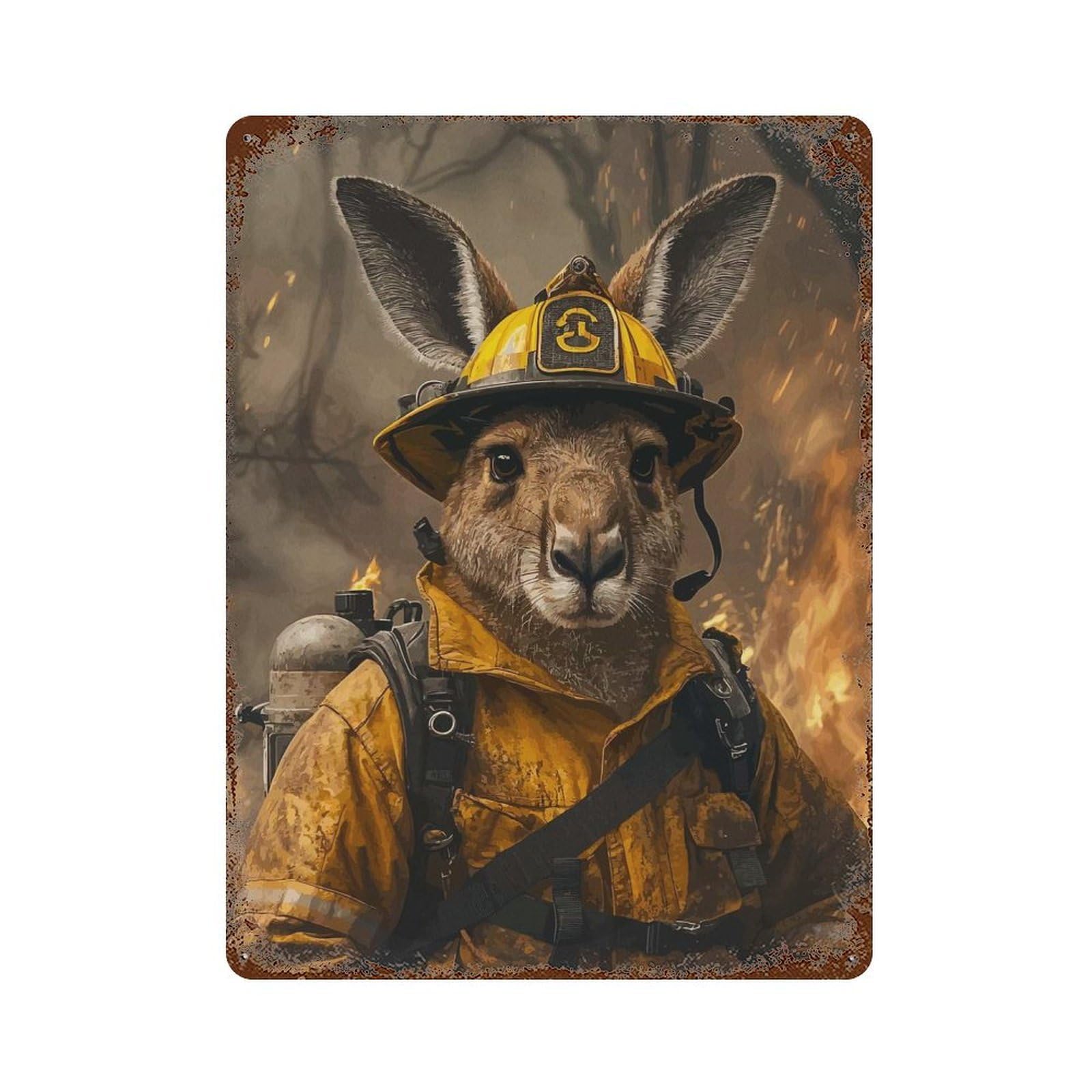Rust Effect Tin Sign Kangaroo Firefighter 15.7"x11.8", Vintage Wall Decor for Basement, Hobby Room And Garage Decor