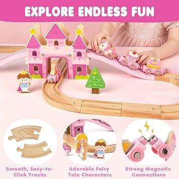 Wooden Train Set for Girls, 40PCS Pink Princess Castle Train Set