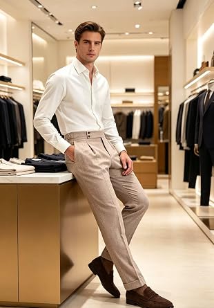 Men's Linen Dress Pants High-Waisted Pleated Beach Trousers with Pockets