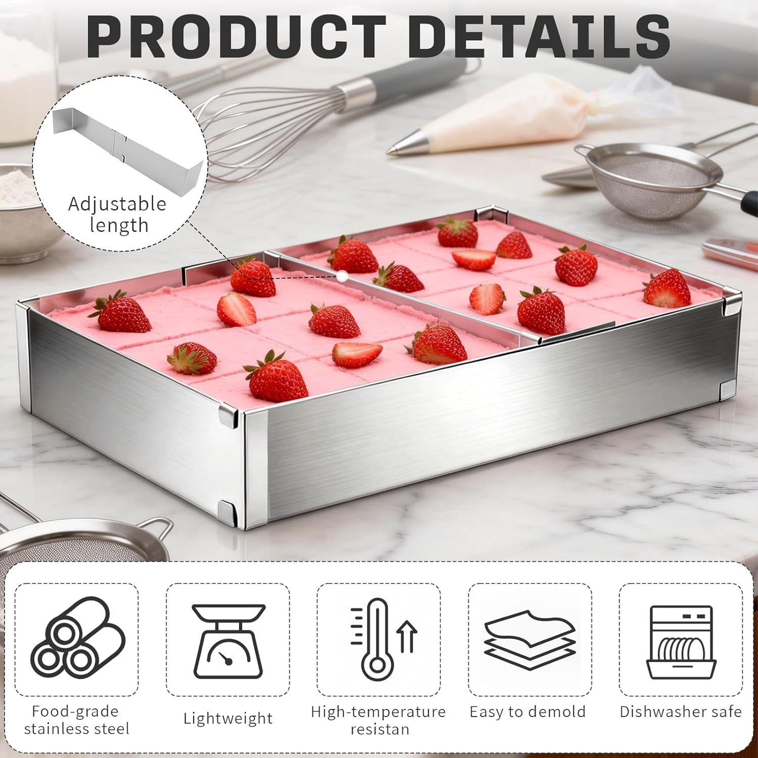 Rectangular Adjustable Baking Frame - Stainless Steel Extendable Baking Mould with Divider and 2 Spatulas, Square Cake Mould Dishwasher Safe for Baking, Cake Preparation (Height: 5 cm)