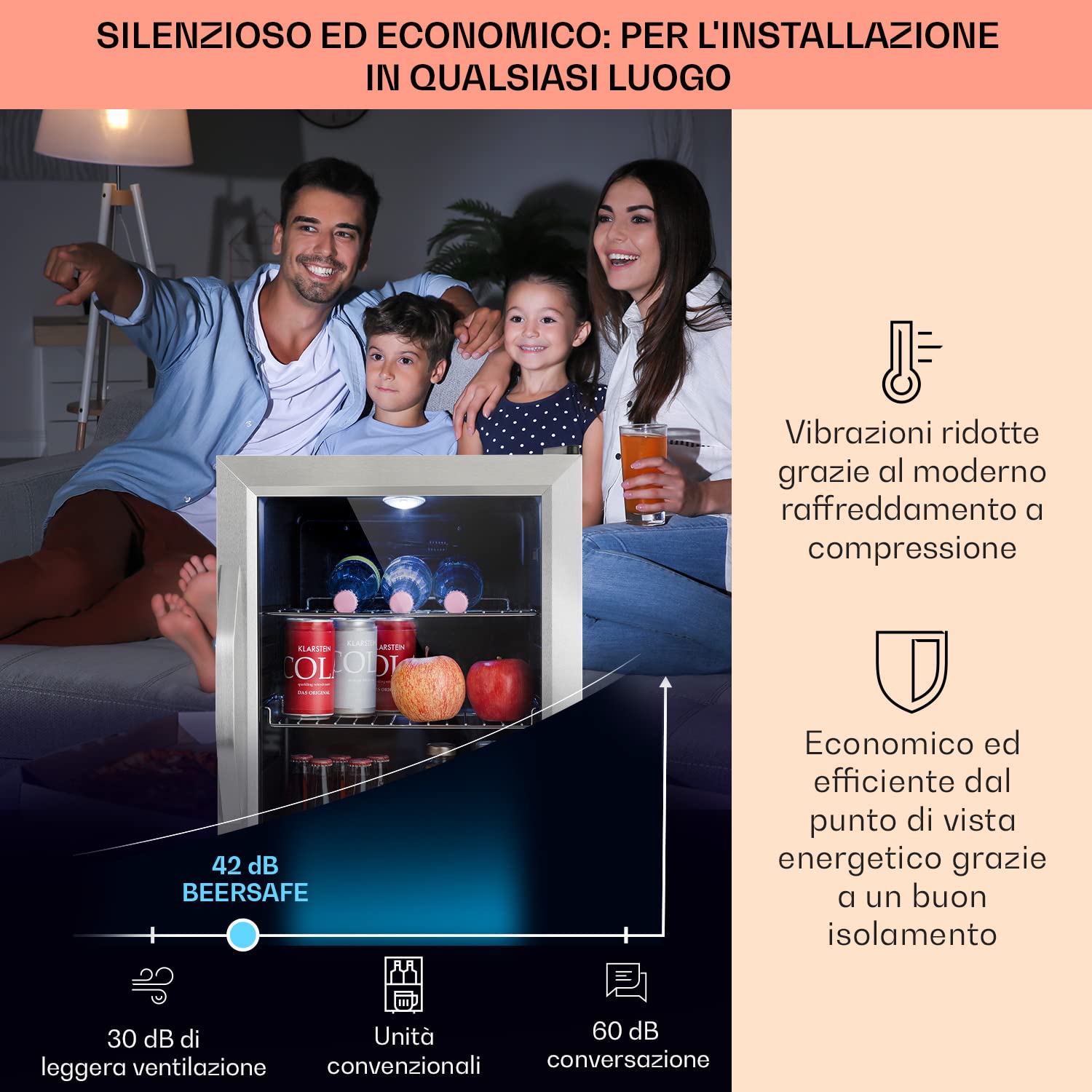 KLARSTEIN Mini Frigo da Camera per Birra, Portatile, Piccolo da Ufficio, con Porta in Vetro, Bar con Ripiani Rimovibili, 3-10°C, 33L