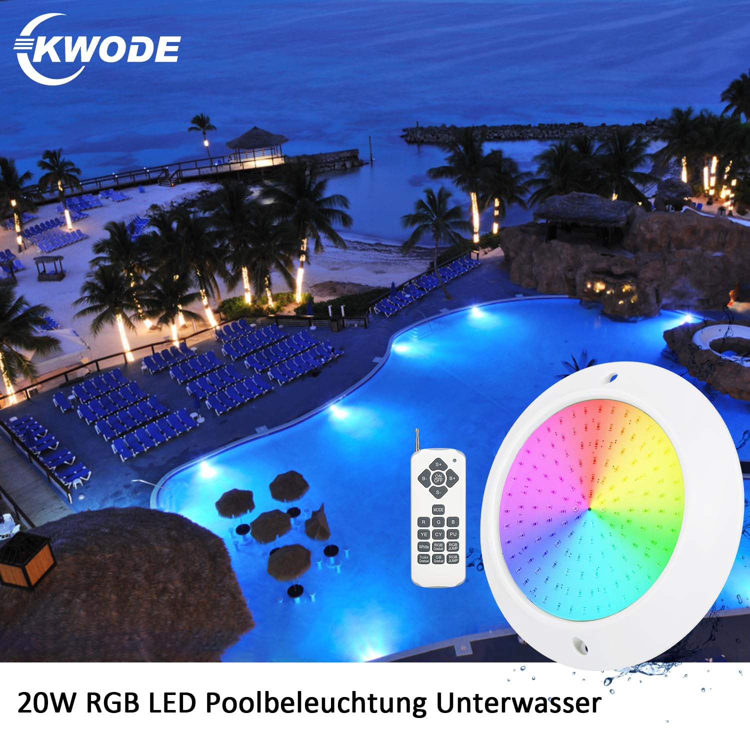 20W RGB LED Poolbeleuchtung Wasserdicht IP68 Unterwasserscheinwerfer，Oberflächenmontage, 12V AC/DC Schwimmbad Lampe mit Fernbedienung，Für Schwimmbad/Landschaft/Brunnen Beleuchtung