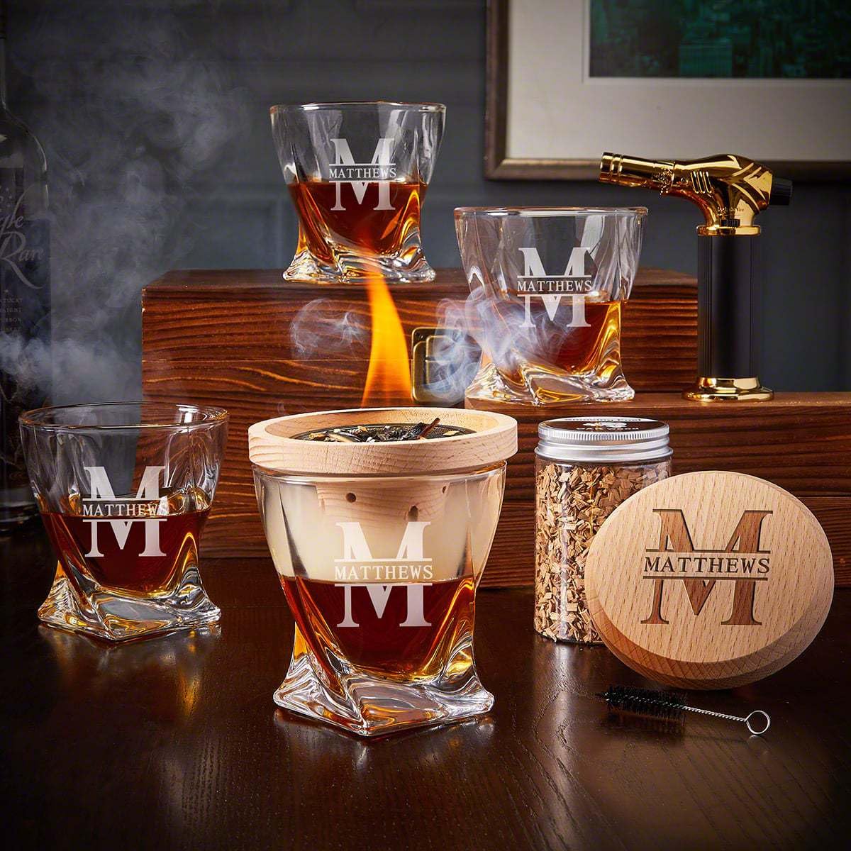 Whiskey Smoker Kit with Torch and Custom Twist Glasses - 9pc Halo Personalized Whiskey Smoker Set