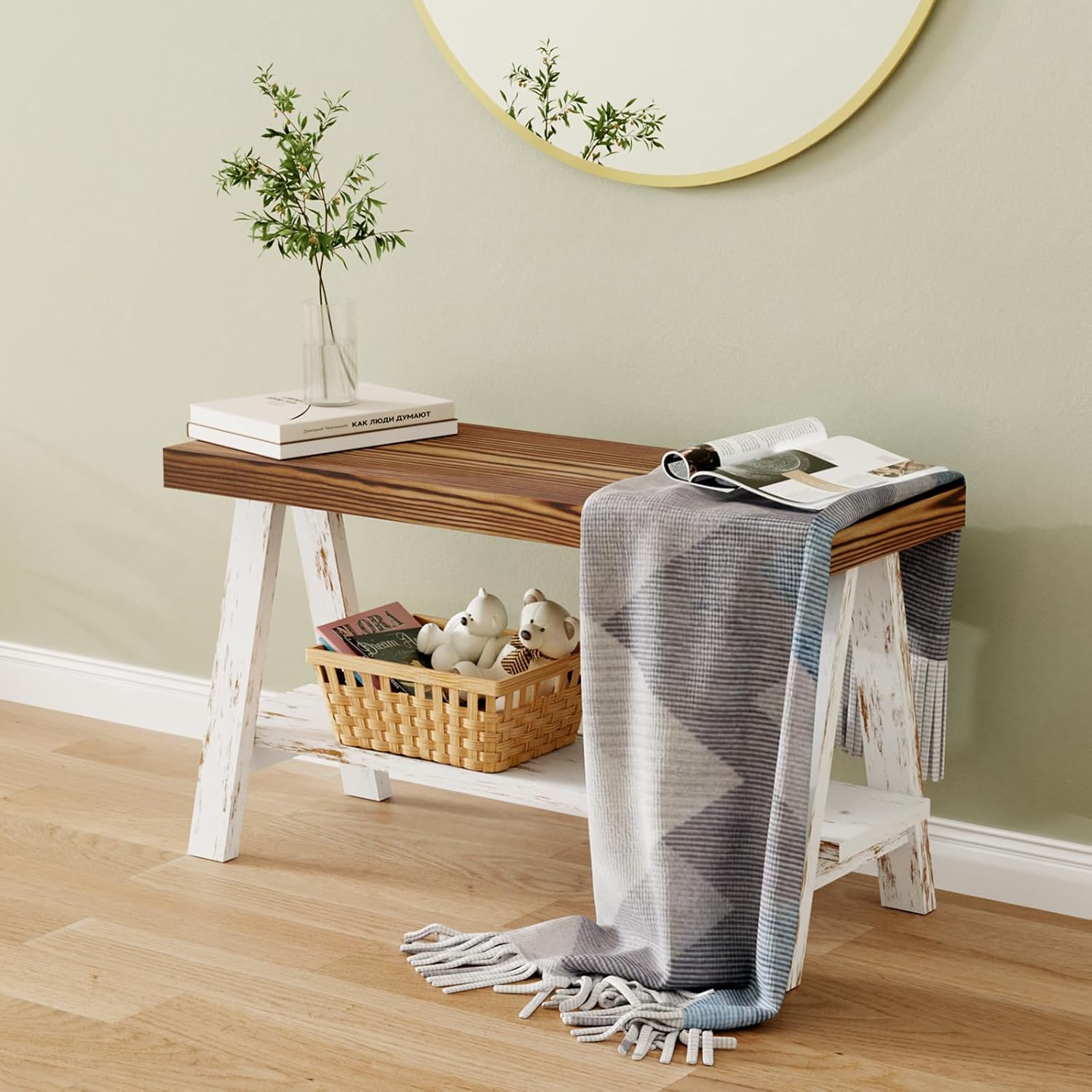 30" Farmhouse Bench, End of Bed Bench,Solid Wood Entryway Bench, Indoor Bench, Rustic Wood Bench Seat for Indoor,Entryway, Dining Room, Living Room, Hallway, end Bed and Front Door