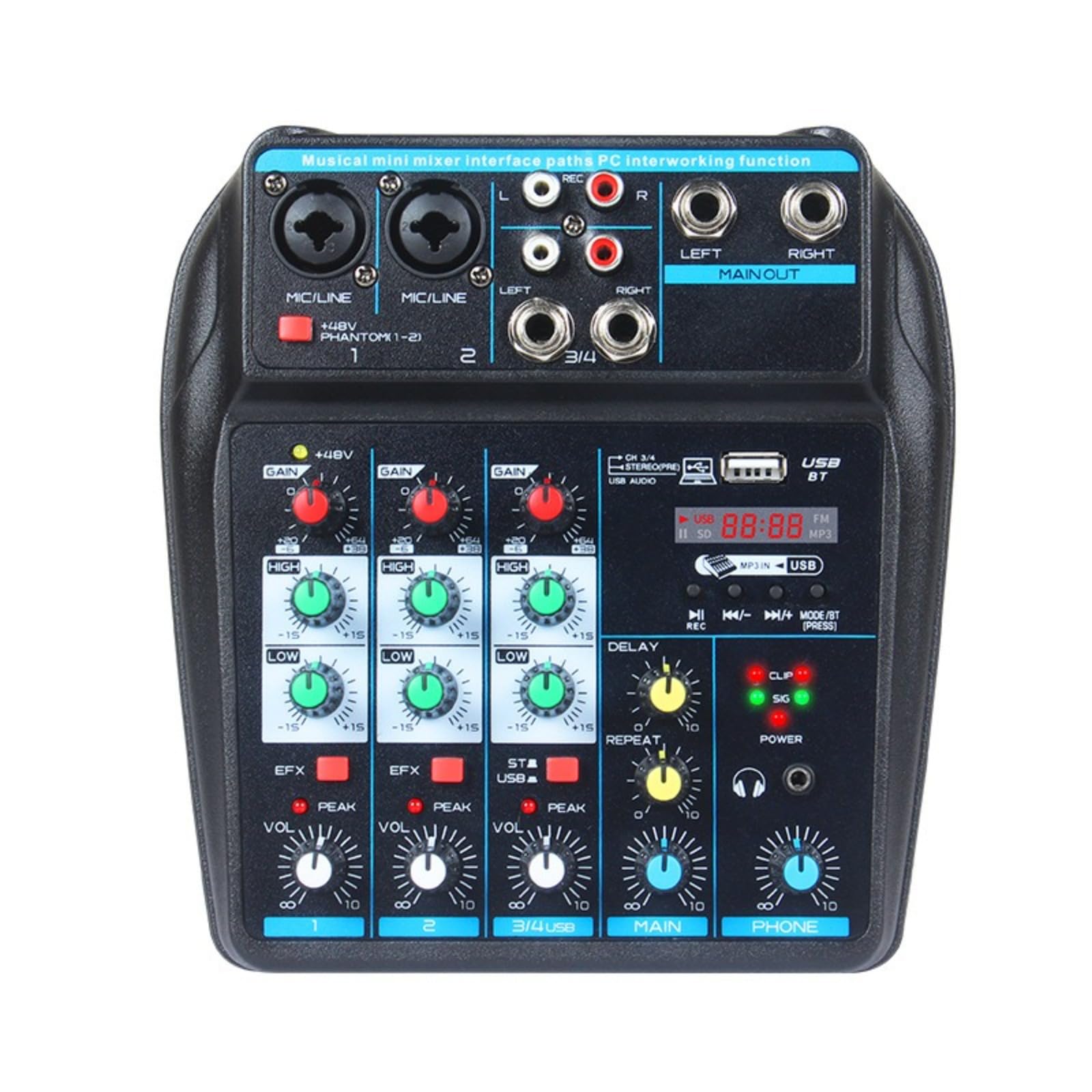 Scheda mixer audio XRL/interfaccia da 1/4", ingresso USB/MP3 per computer, piccoli suoni con effetto ritardo FX per streaming,Mixer audio DJ, mixer DJ a 4 canali con Bluetooth