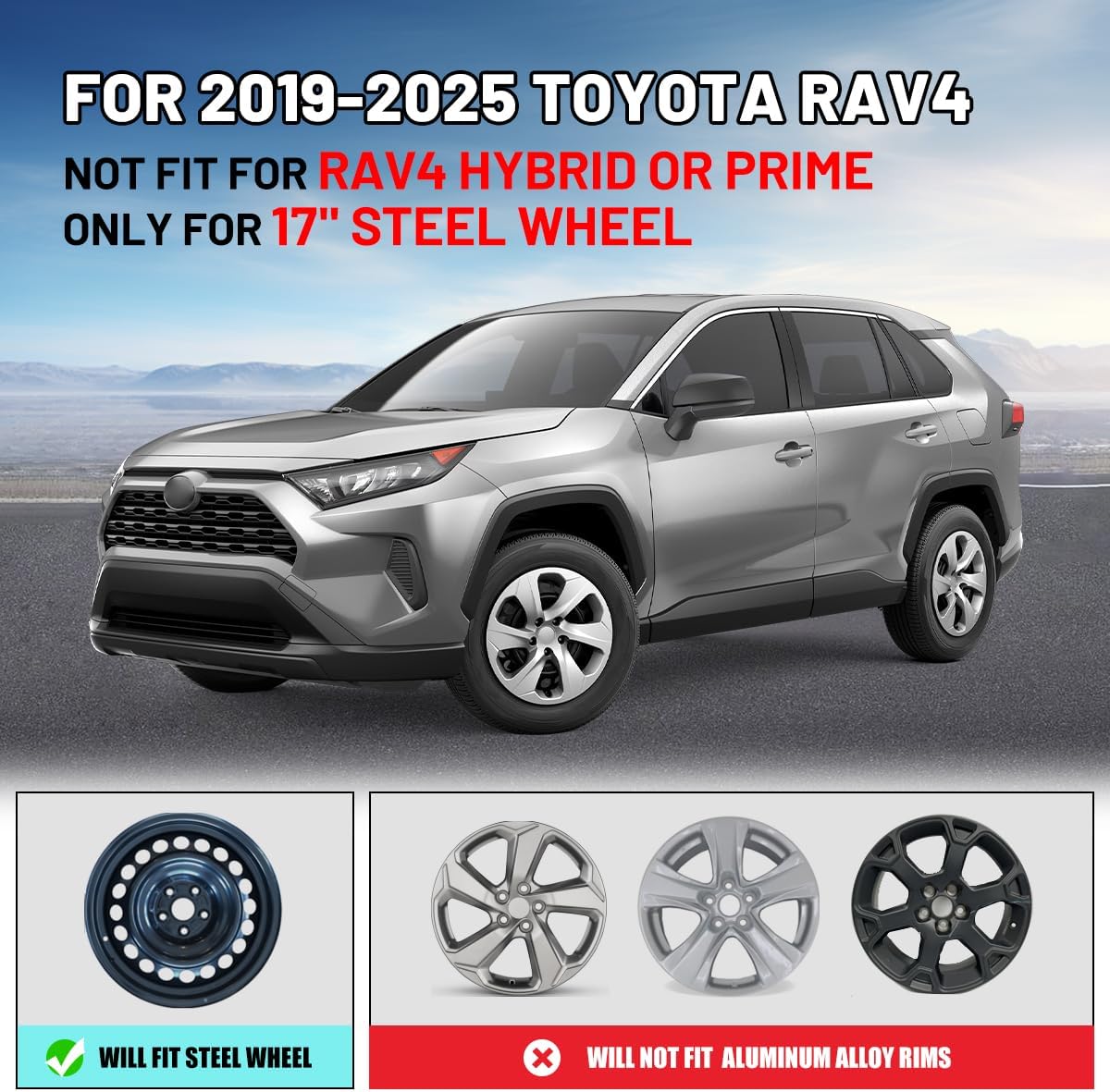 Hubcaps 17 Inch Wheel Covers Fit for 2019-2025 TOYOTA RAV4 [2019 2020 2021 2022 2023 2024 2025], R17 Hub Caps Wheel Rims Cover Replacement Snap-On Car, Set of 4, ABS & PC Material, Matte Black