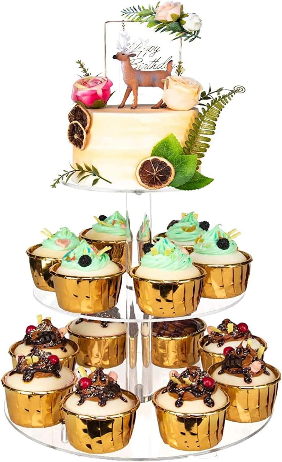 YestBuy 3 Tier Round Cupcake Stand, Acrylic Cake Stand, Cupcake Tower Stand, Premium Cupcake Holder for 28 Cupcakes, Display for Pastry Wedding Birthday Party (4.7" Between 2 Layers)