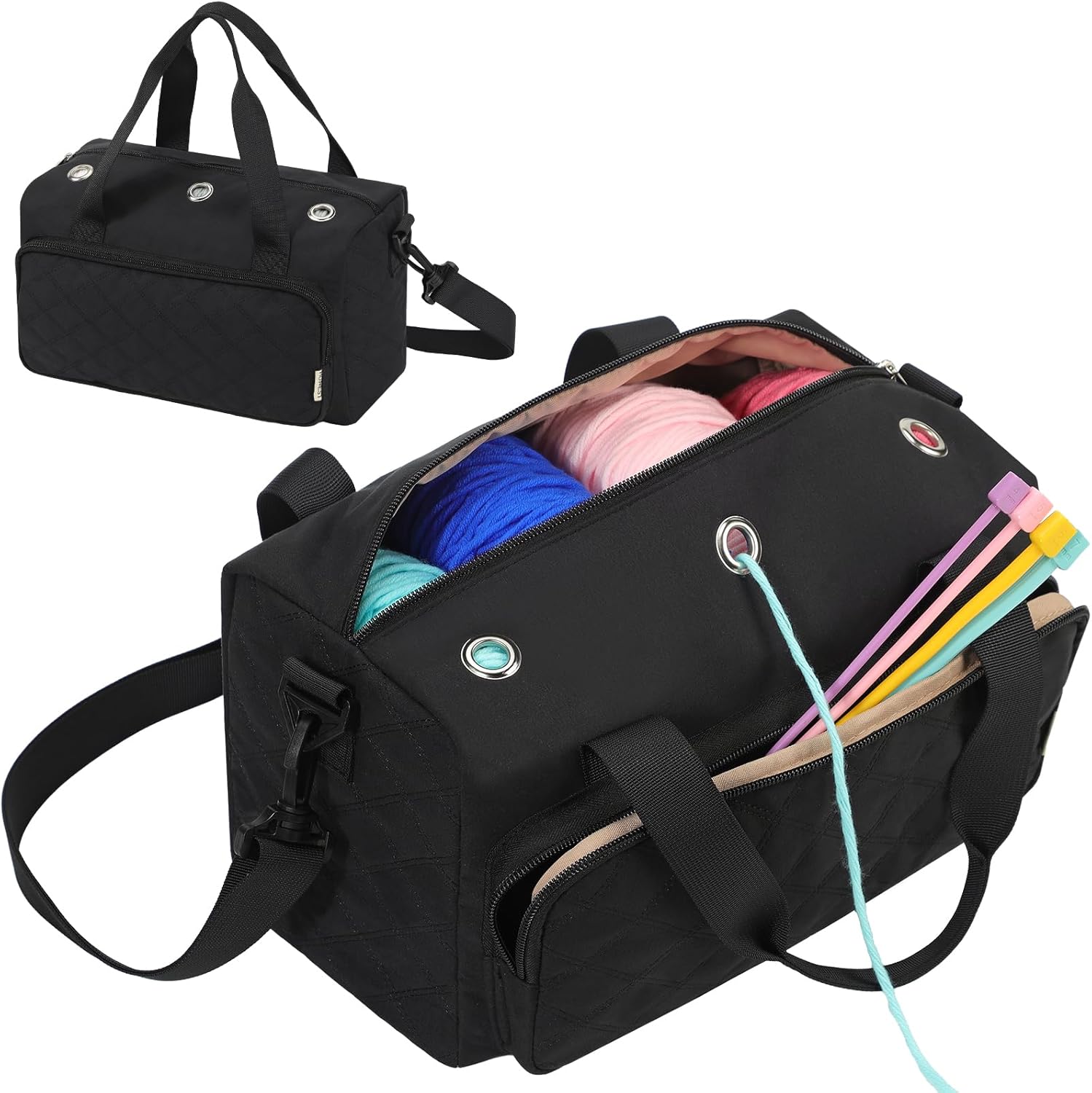 HOMEST Crochet Bag, Yarn Storage Organizer, Knitting Bag with Large Front Pocket for Crocheting Hooks, Knitted Needles and Knitwear Accessories, Black