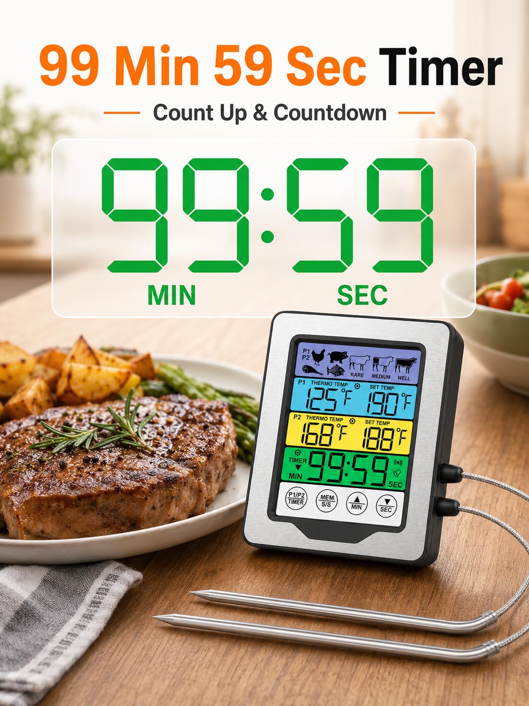 0-300℃/32-572℉ Termometro Digitale con Sonda, Termometri da Cucina, Termometro da Forno con Timer e Schermo Touch a Colori, per Cottura BBQ Alimenti Carne Forno Arrosto Griglia