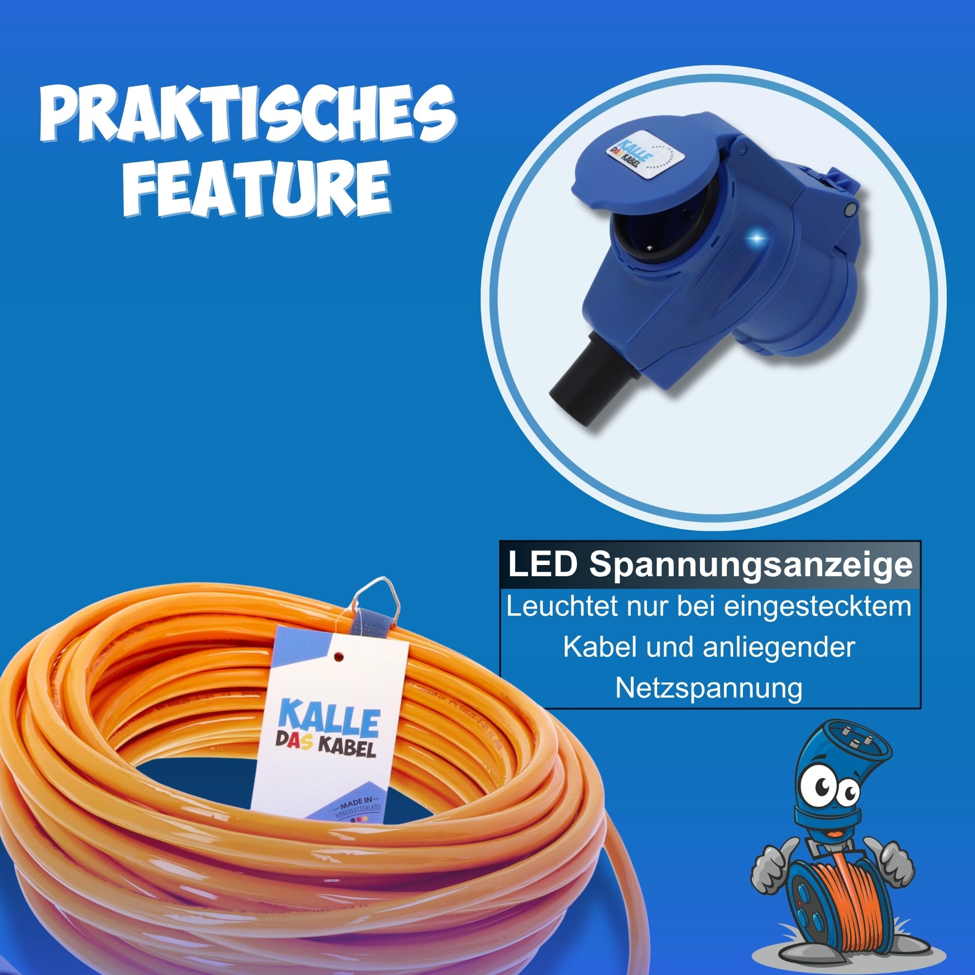 KALLE DAS KABEL Cavo di prolunga CEE 230 V 16 A – H07BQ-F 3G 2,5 mm², spina CEE su attacco angolare CEE con presa Schuko e indicatore di tensione LED, IP44, segnale arancione, campeggio, caravan, 5