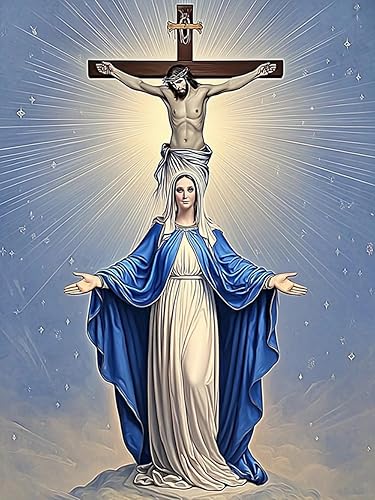 MaiYiYi Pintura de diamantes de Jesús por números, taladro redondo completo 5D, pintura de diamantes con puntada de Virgen María, cruz religiosa y