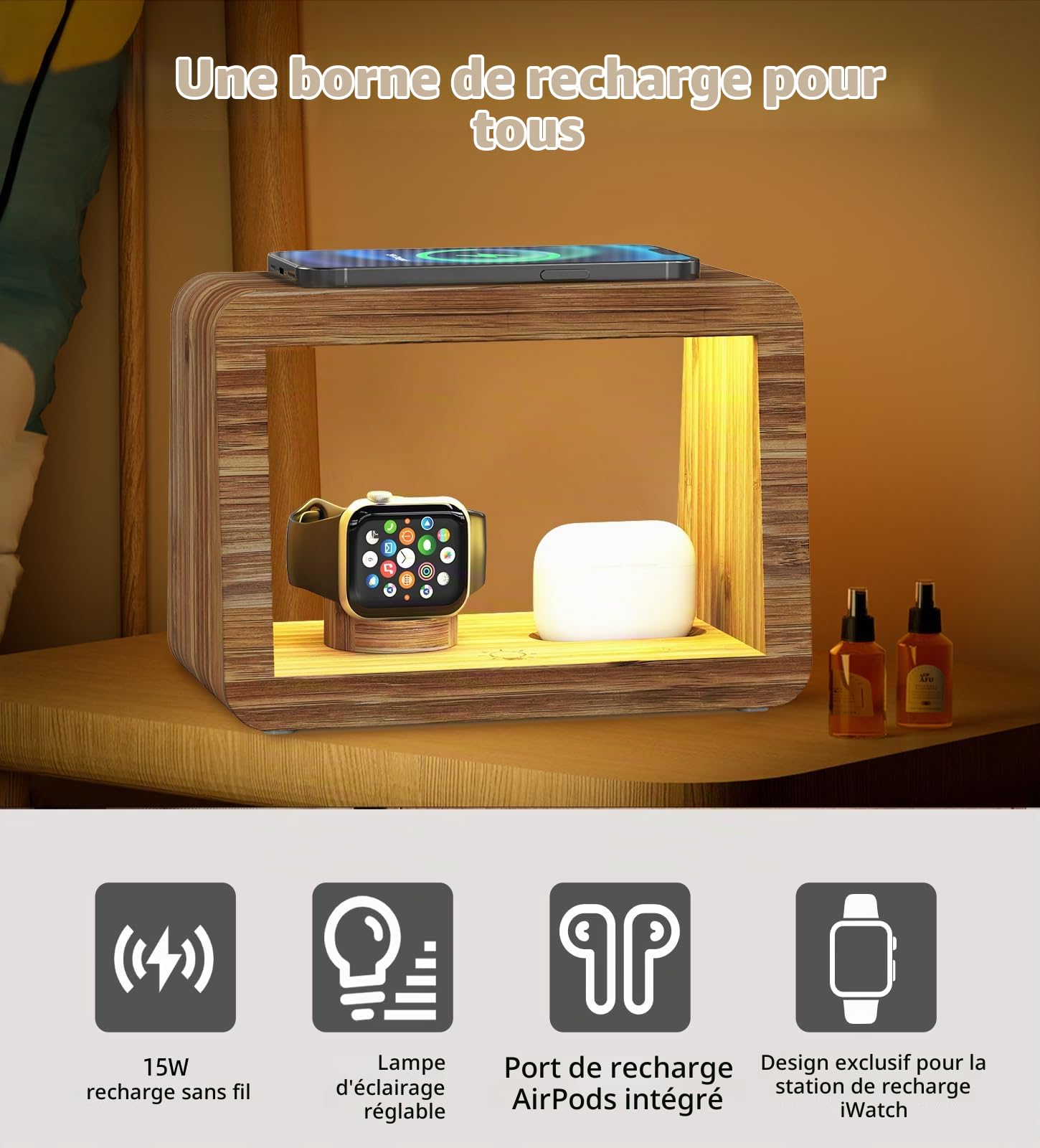 Station de charge sans fil, lampe de bureau Alltripal 15 W, chargeur rapide sans fil, veilleuse avec 3 couleurs et luminosité réglable, station de charge pour iPhone/Apple Watch/AirPods/AirPods Pro