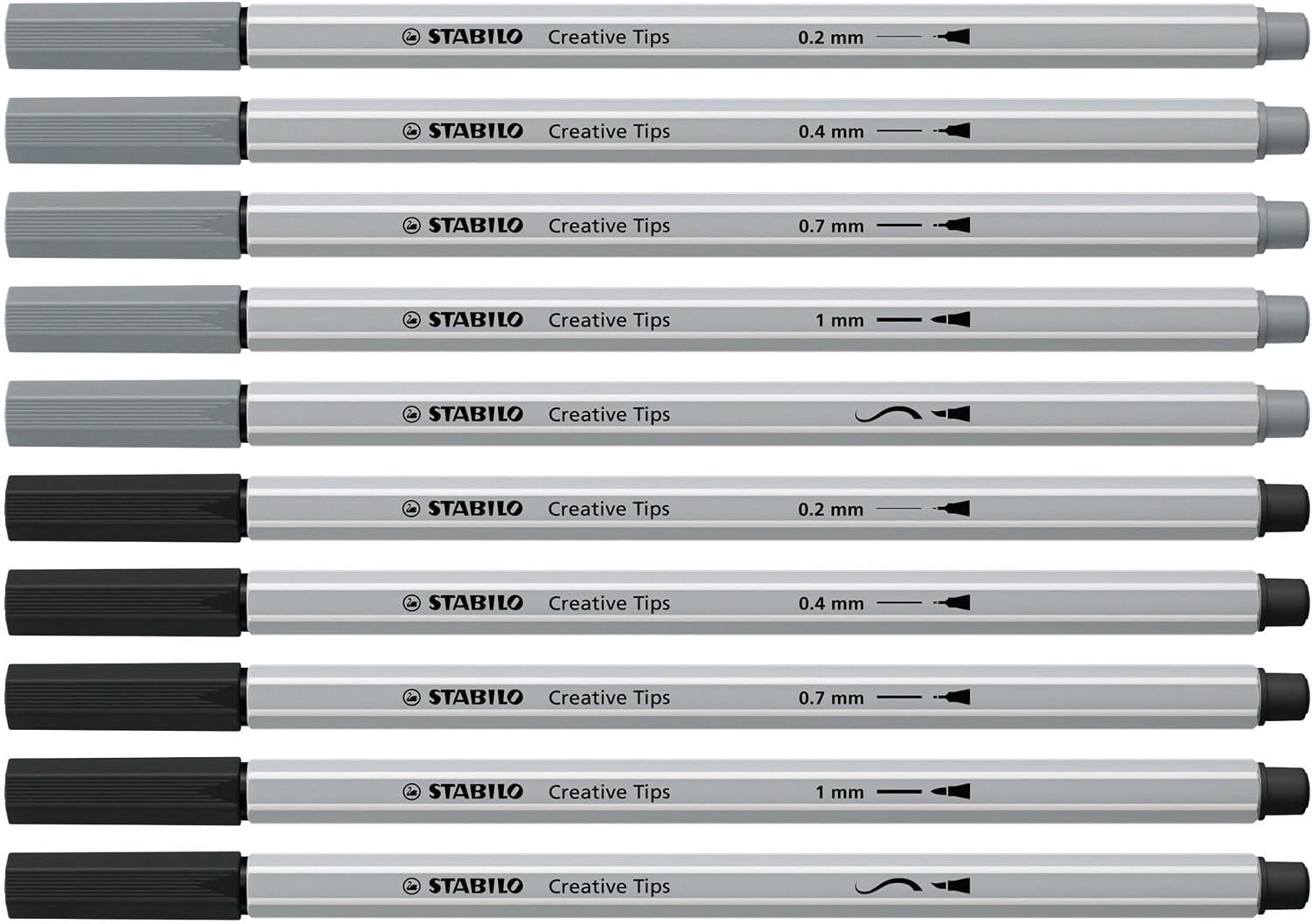 STABILO - Creative Tips - Multi-Tip Pen Set - ARTY - Pack of 10 - Black and Light Grey