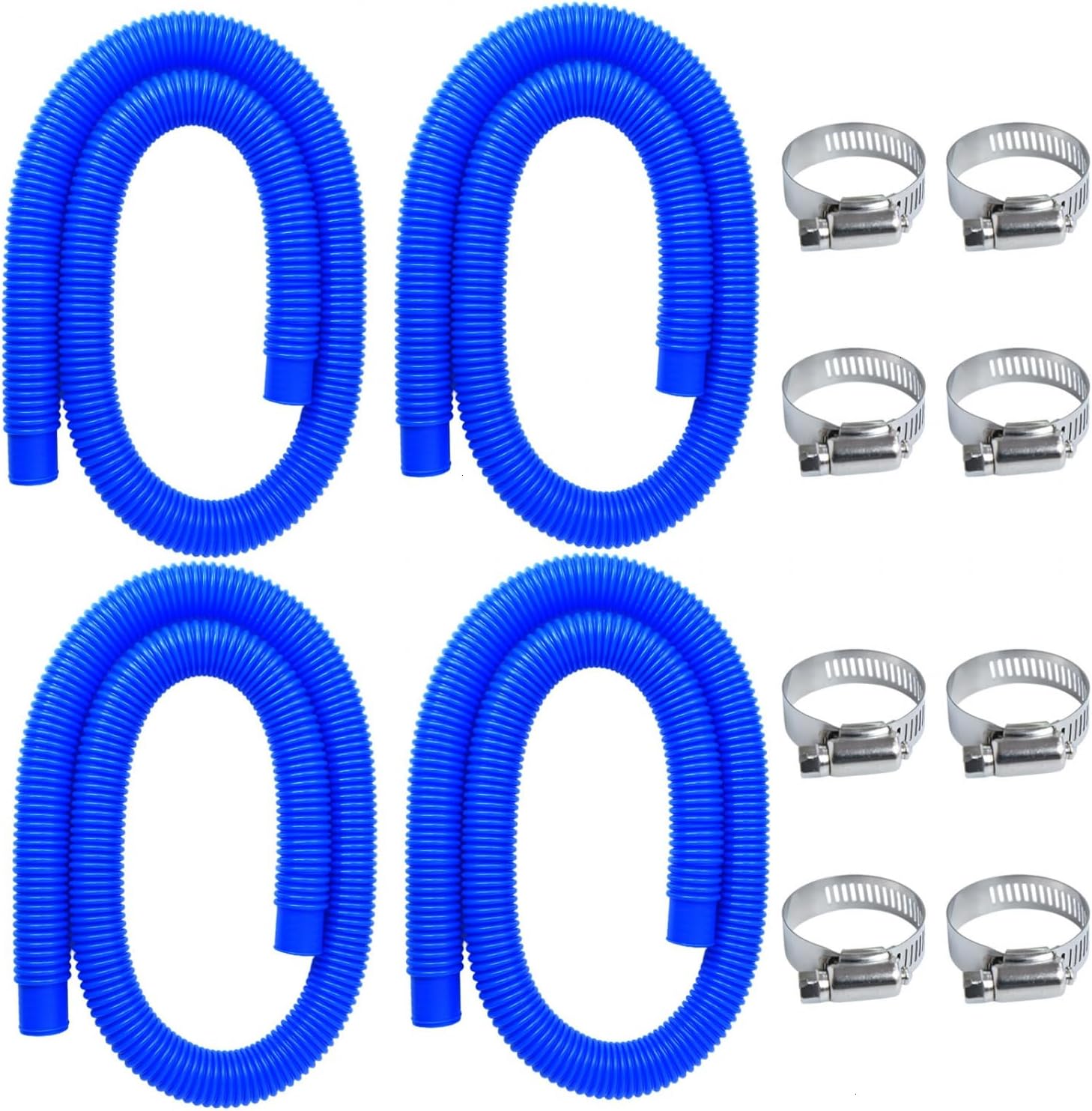 Pool Pump Replacement Hose for Above Ground Pools, 1.25 x 59 Inch Filter Hose, Compatible with Intex Filter Pump 607, 637, 330GPH, 530GPH, 1,000GPH, Includes 8 Metal Clamps, Blue (4 Pack)