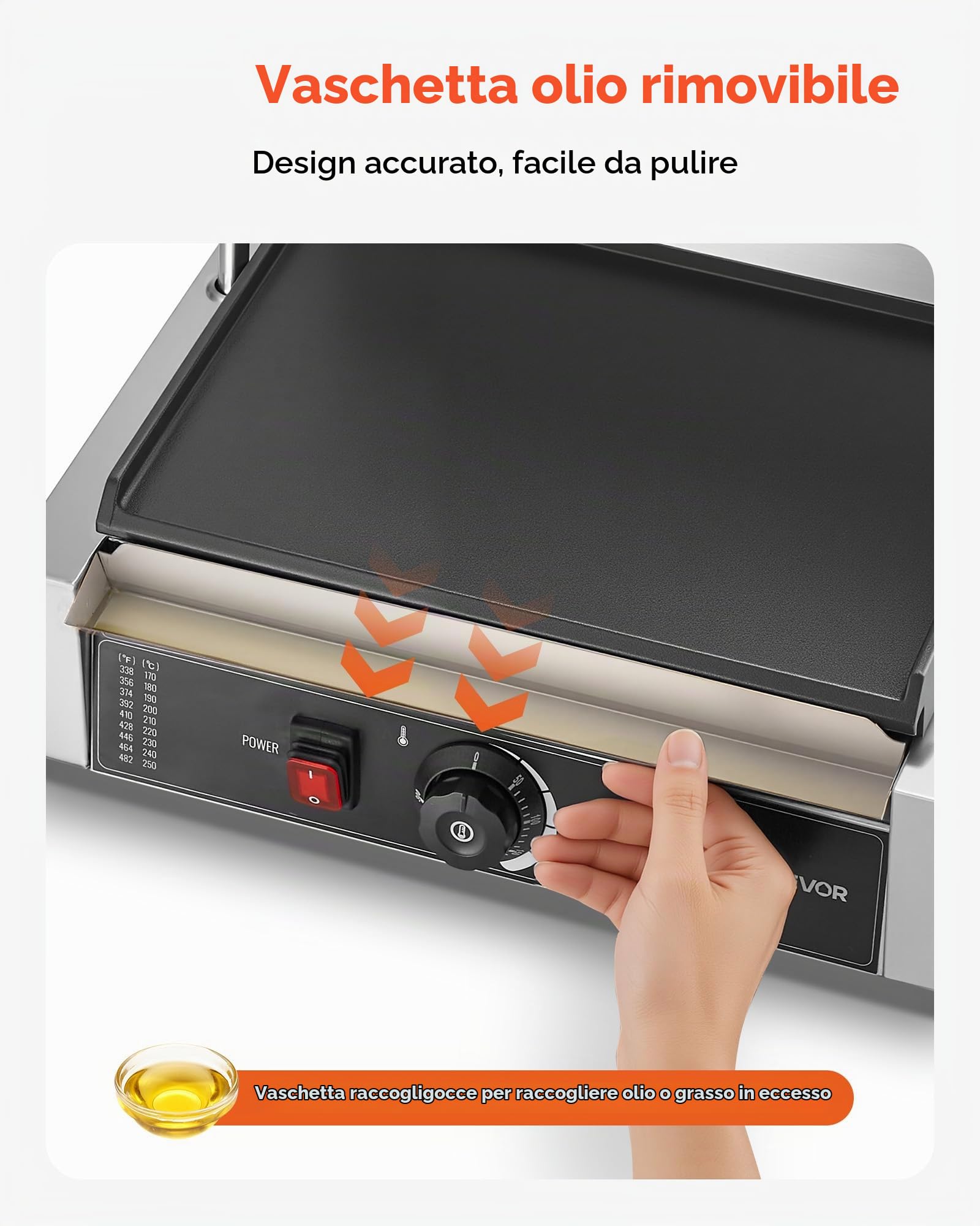 VEVOR Griglia Elettrico per Panini 2200W, Piastra per Panini con Piastra Smaltata Piatta da 34,2x23,5 cm, Sandwich in Acciaio Inox, Maniglia Controllo della Temperatura