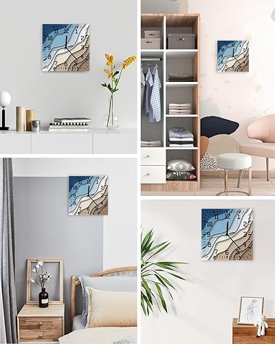 Miniatura 3 de Reloj de pared azul y marrón, moderno, geométrico, funciona con pilas, reloj de pared silencioso de madera sin tictac de 12 pulgadas, color azul