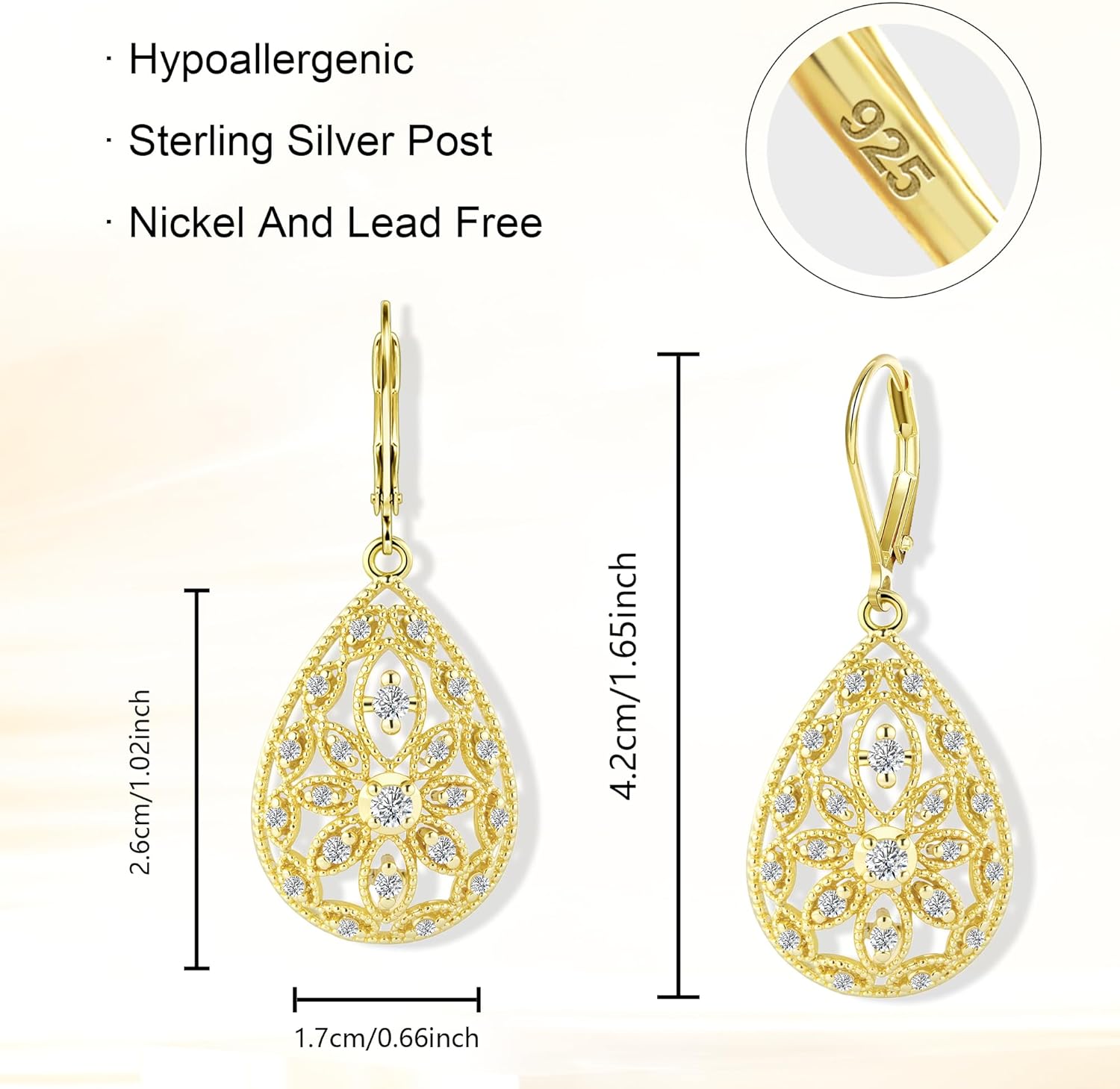 925 Sterling Silver Teardrop Dangle Earrings for Women Cubic Zirconia Leverback Filigree Drop Dangle Earrings Jewelry Hypoallergenic Silver Teardrop Filigree Earring for Gifts - Image 5