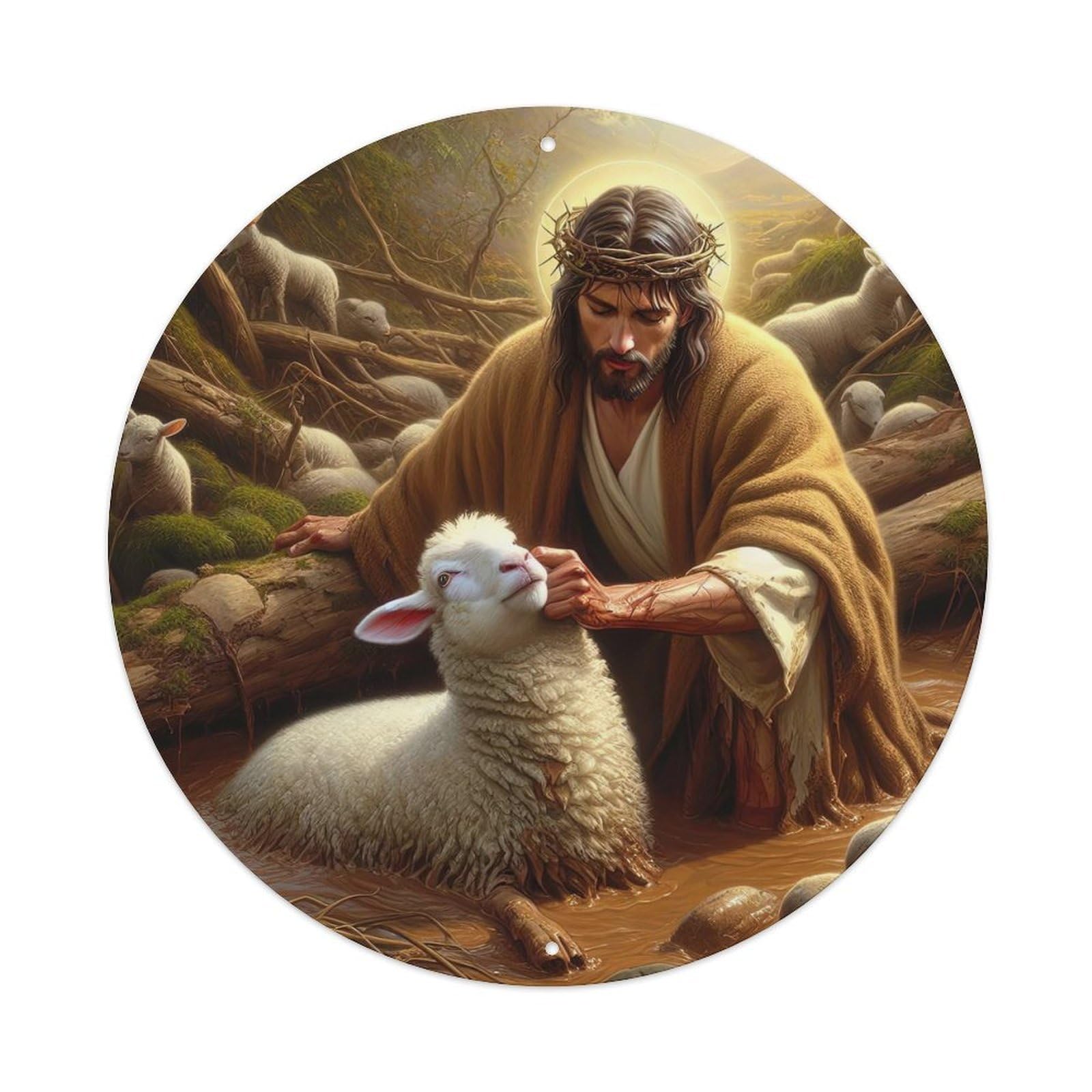 Jesus And The Flock Religious Poster Vintage Metal Tin Sign Plaque Wall Decor for Cafe, Club, Garden Round Metal Poster 8x8Inch