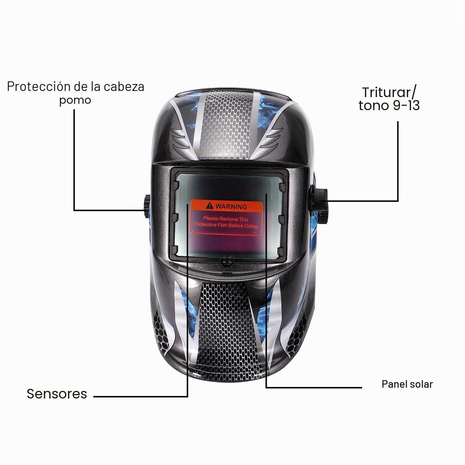 ALLOMN Máscara de Soldadura, Casco de Soldadura Solar Casco de Ajuste Montado en la Cabeza Oscurecimiento Automático, Sensor de Alta Sensibilidad, Alimentado por Batería Solar, Rango 4/9-13