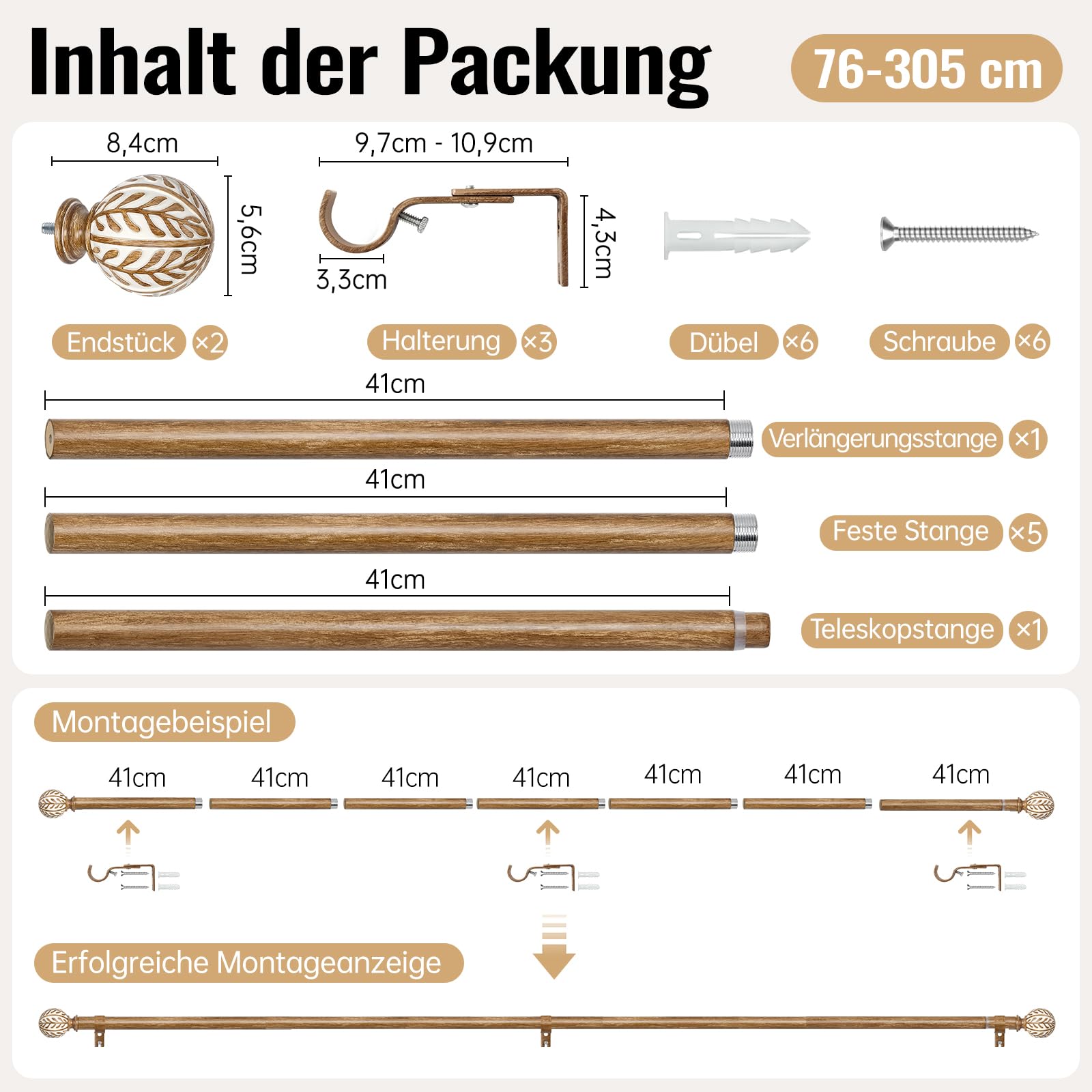 Ausziehbare Gardinenstange in Holzoptik 76-305 cm | Ø 25 mm Metallkern in Holzoptik | Mit Blattmuster-Endstücken für Fenster & Türen, Kaffeebraun