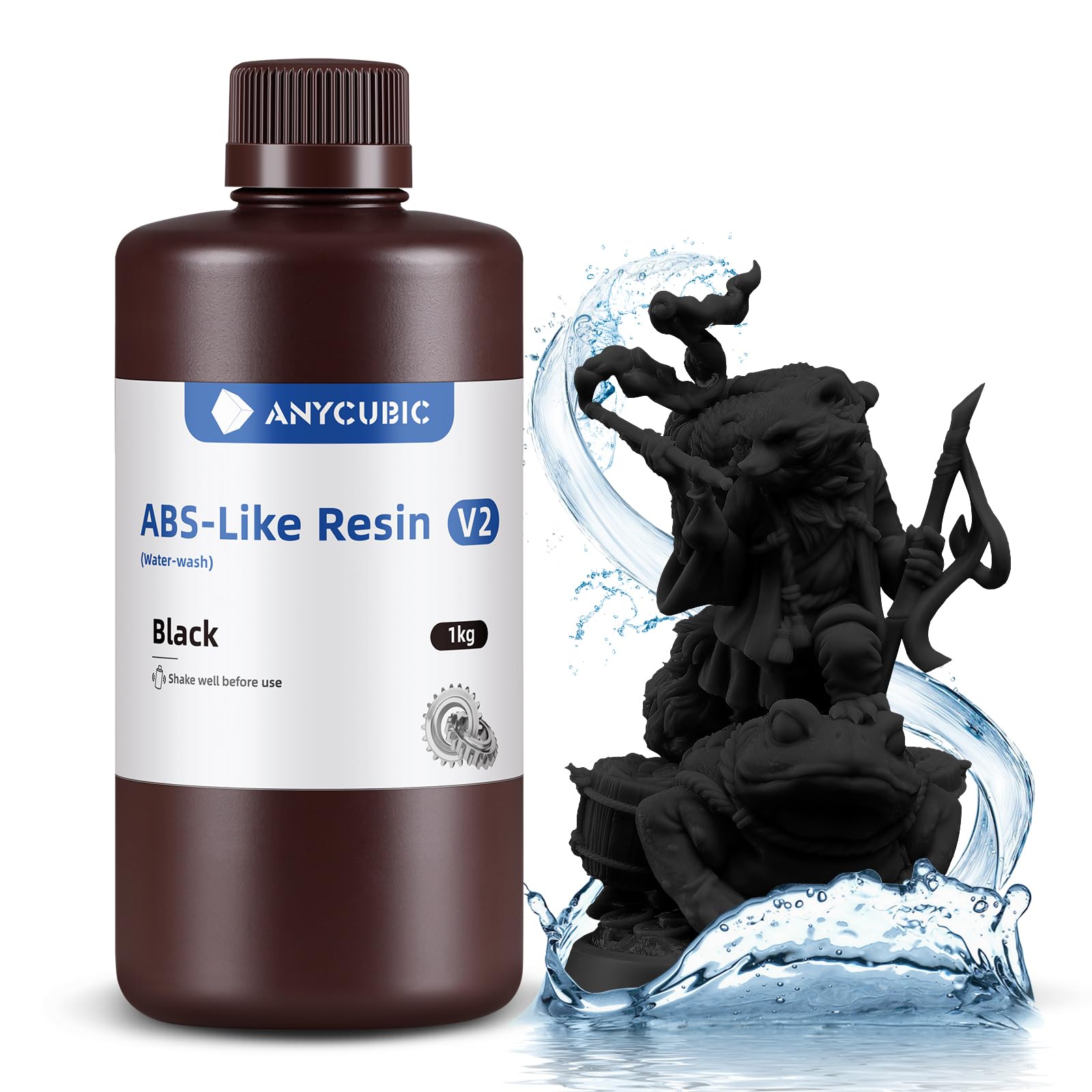 ANYCUBIC Water Washable ABS-Like 3D Printer Resin, High Toughness and Durability, High Precision and Easy to Post-Process, Low Odor, Wide Compatibility for All LCD Resin 3D Printers (Black, 1kg)
