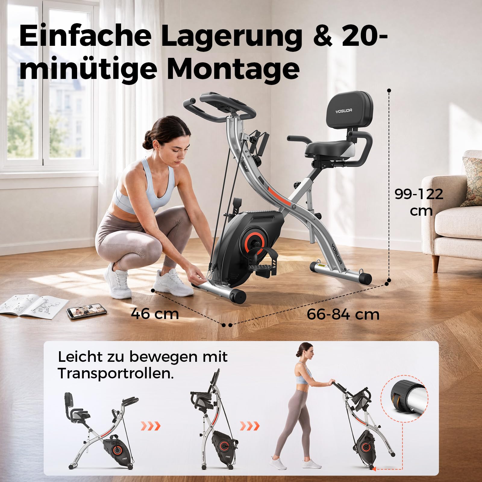 YOSUDA Neu 5-IN-1 Heimtrainer Fahrrad Klappbar, Hometrainer Fahrrad mit APP, Widerstandsbändern, Ergometer Heimtrainer Senioren mit Ergonomischem Sitz, 8/16 Leise Magnetwiderstand, Bis 150 KG