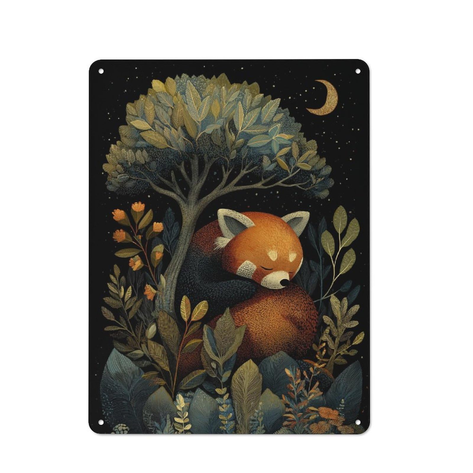 Junmoney Red Panda In Moonlit Forest 40X30cm Rustic Metal Plaque With For Café Or Restaurant, For Themed Interiors In Cafés And Restaurants