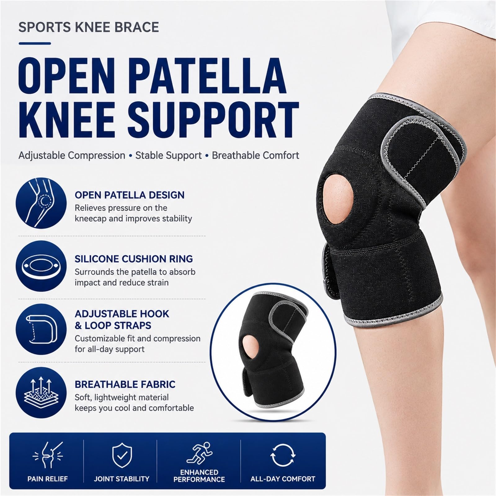 Kniebandage mit offener Patellastabilisierung zur Linderung von Meniskusrissen und Arthritissymptomen. Verstellbare Kompressionsbandage mit Gelpolster für die Rehabilitation nach Sportverletzunge