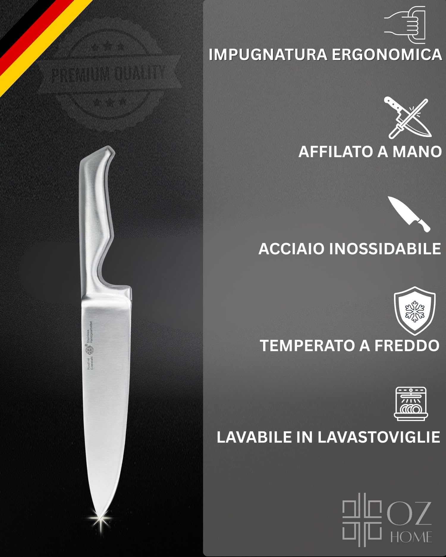 GGS Set Coltelli Cucina con Ceppo Portacoltelli 7 Pezzi – Acciaio Inox Monoblocco Senza Giunzioni, Temprati a Ghiaccio, Lavabili in Lavastoviglie, Impugnatura Ergonomica in Acciaio, Coltelli multiuso