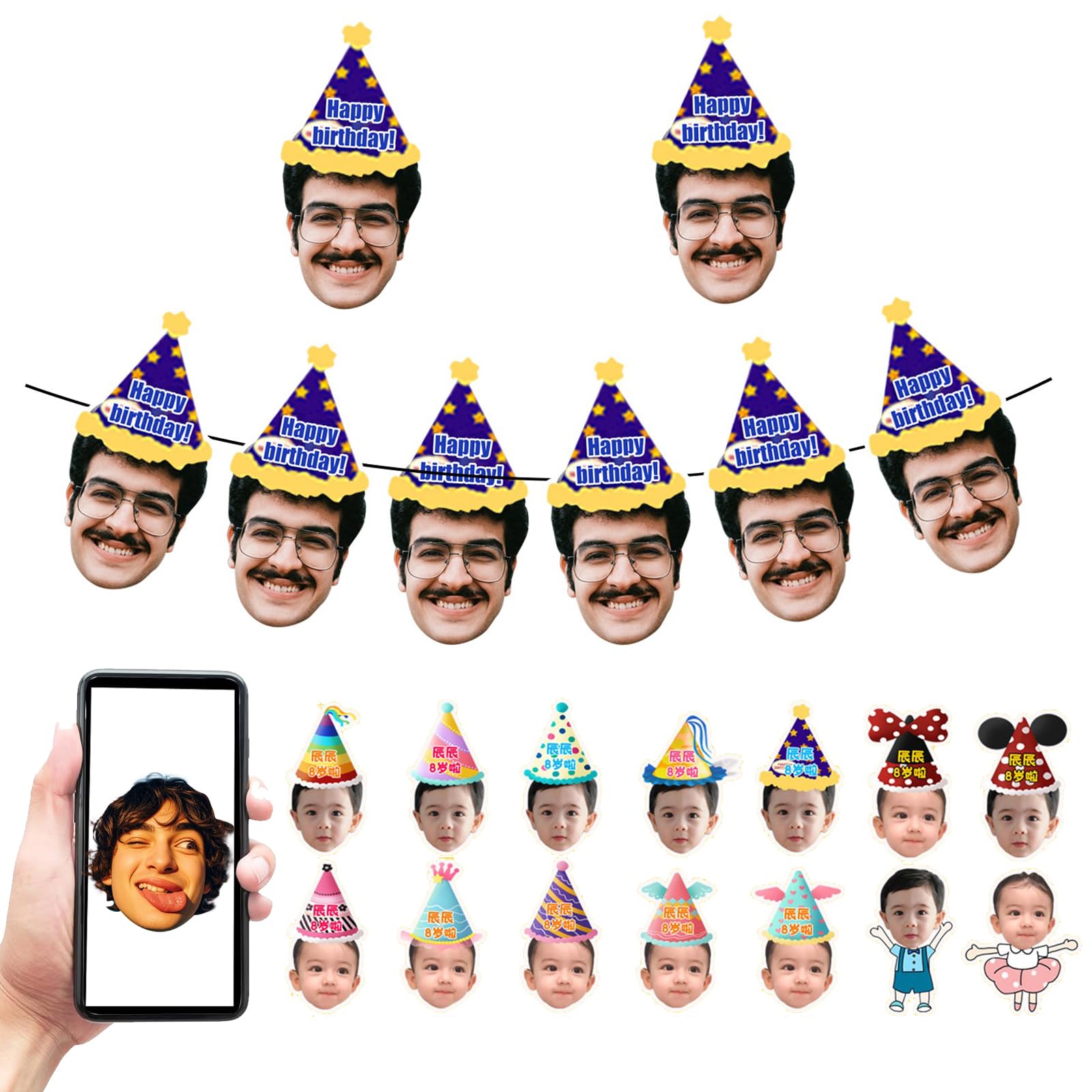 Personalised Photo Bunting, Customized Face and Party Hat, A5 Photo Banner cutout Party Accessory Hen Parties Stag Birthdays，Birthday Decorations (8 Bunting Face)