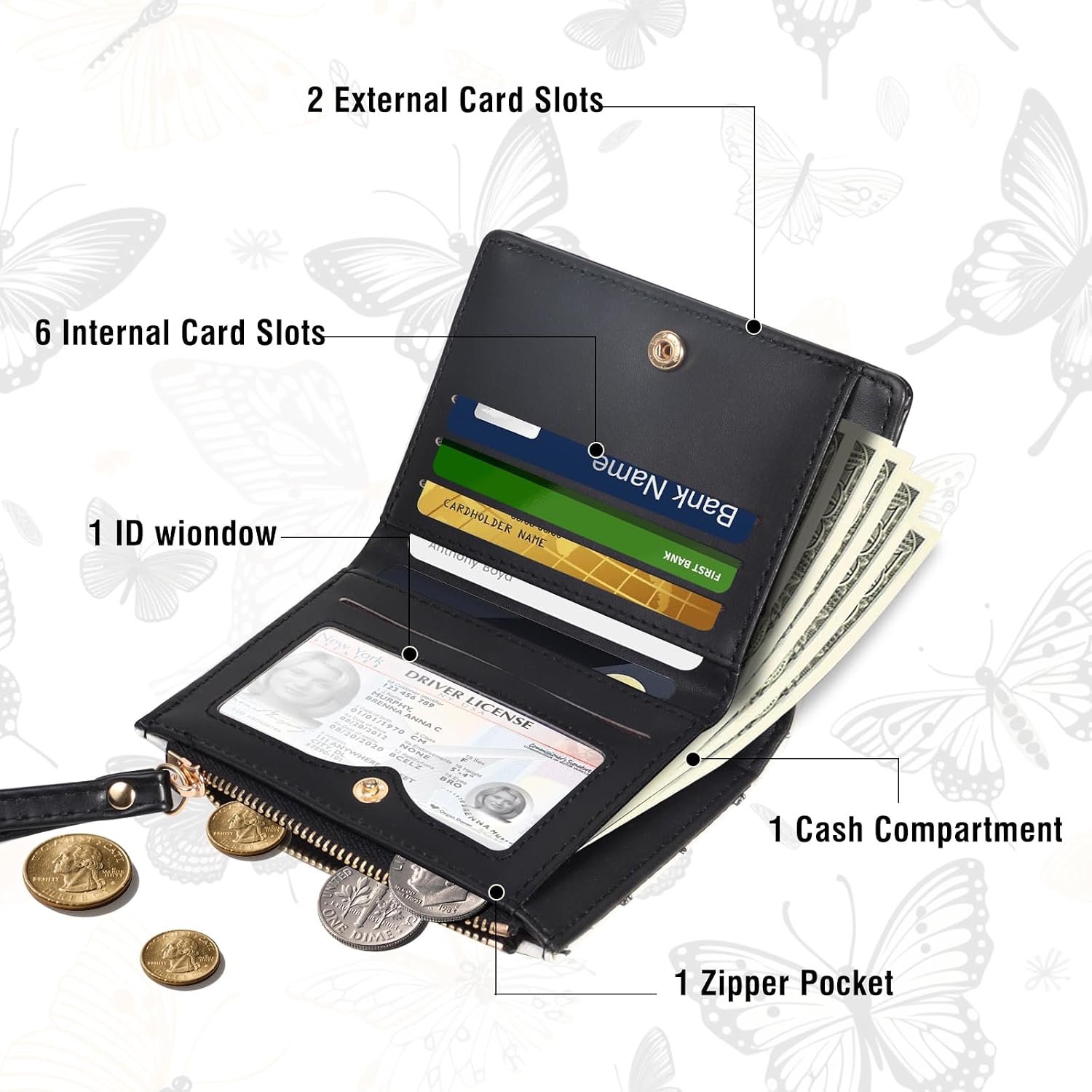 Butterfly Wallet for Women - RFID Blocking Soft PU Leather Bifold Coin Zipper Pocket Purse - Wristlet Wallets with Zipper Pocket for women girls(light blue)