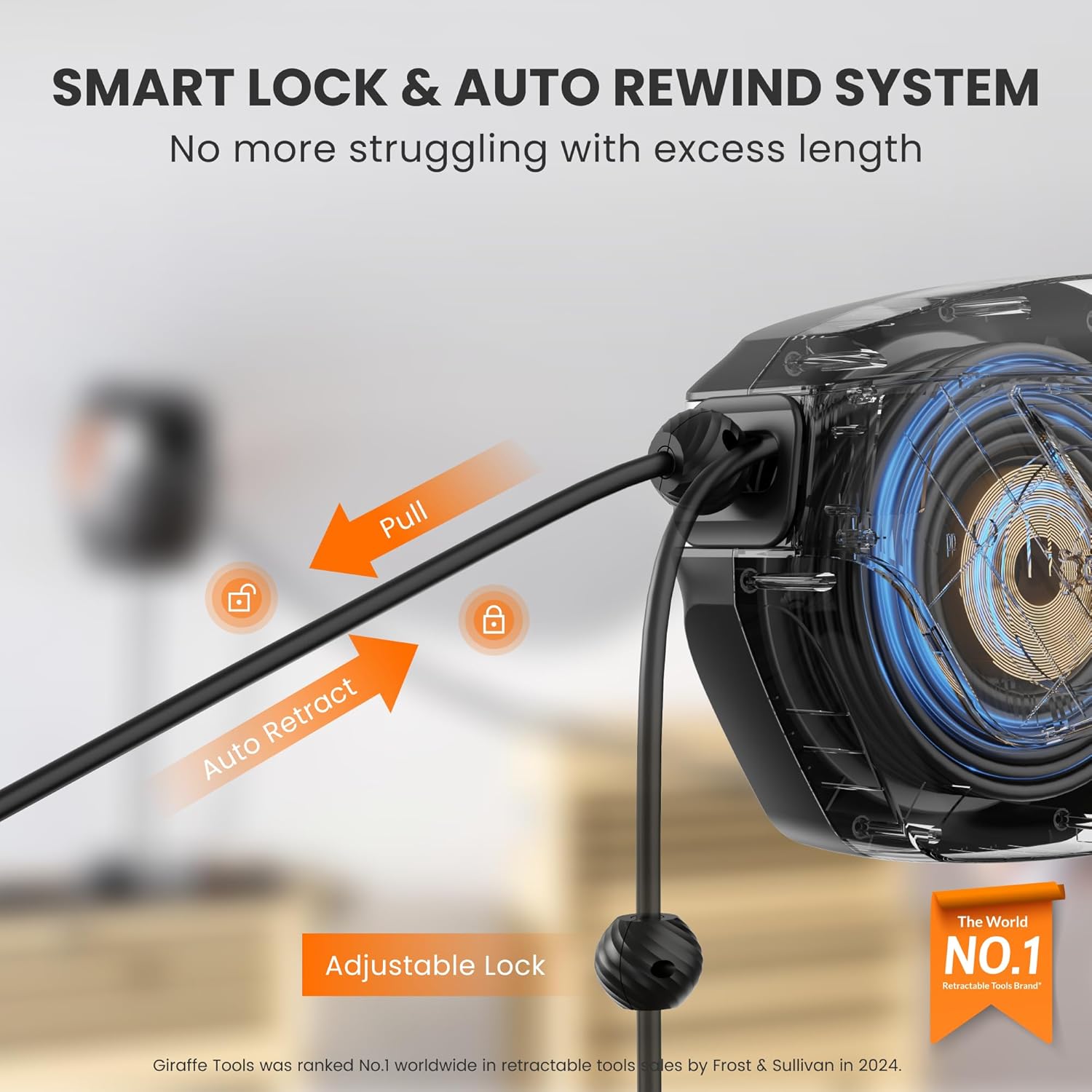 Giraffe Tools DE14 Retractable Extension Cord Reel 50 ft 14/3AWG Power Cord Storage Reel Wall/Ceiling Mount, Lighted Triple Tap Outlet, 50ft, Black Orange