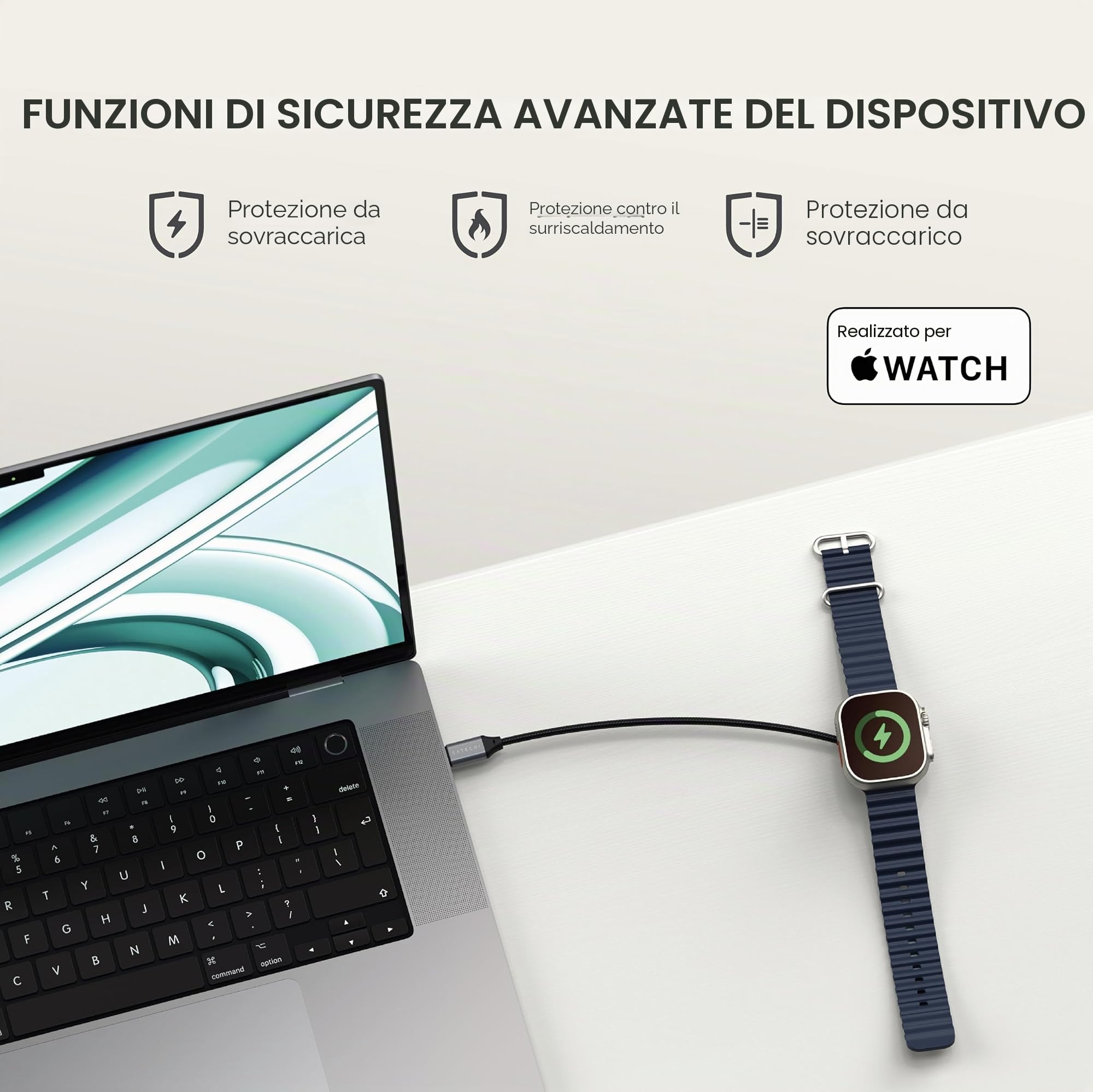 SATECHI Caricatore Magnetico USB-C Certificato MFi per Apple Watch, Ricarica Rapida 5W, Cavo Intrecciato Rinforzato da 19 cm, Compatibile con Apple Watch Series 11 a 7, Ultra 3/2/1, SE e AirPods
