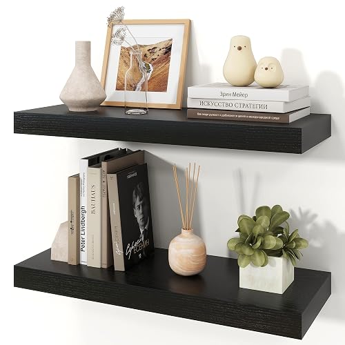 24" Black Floating Shelves Wood Wall Shelf, Black Color, Set