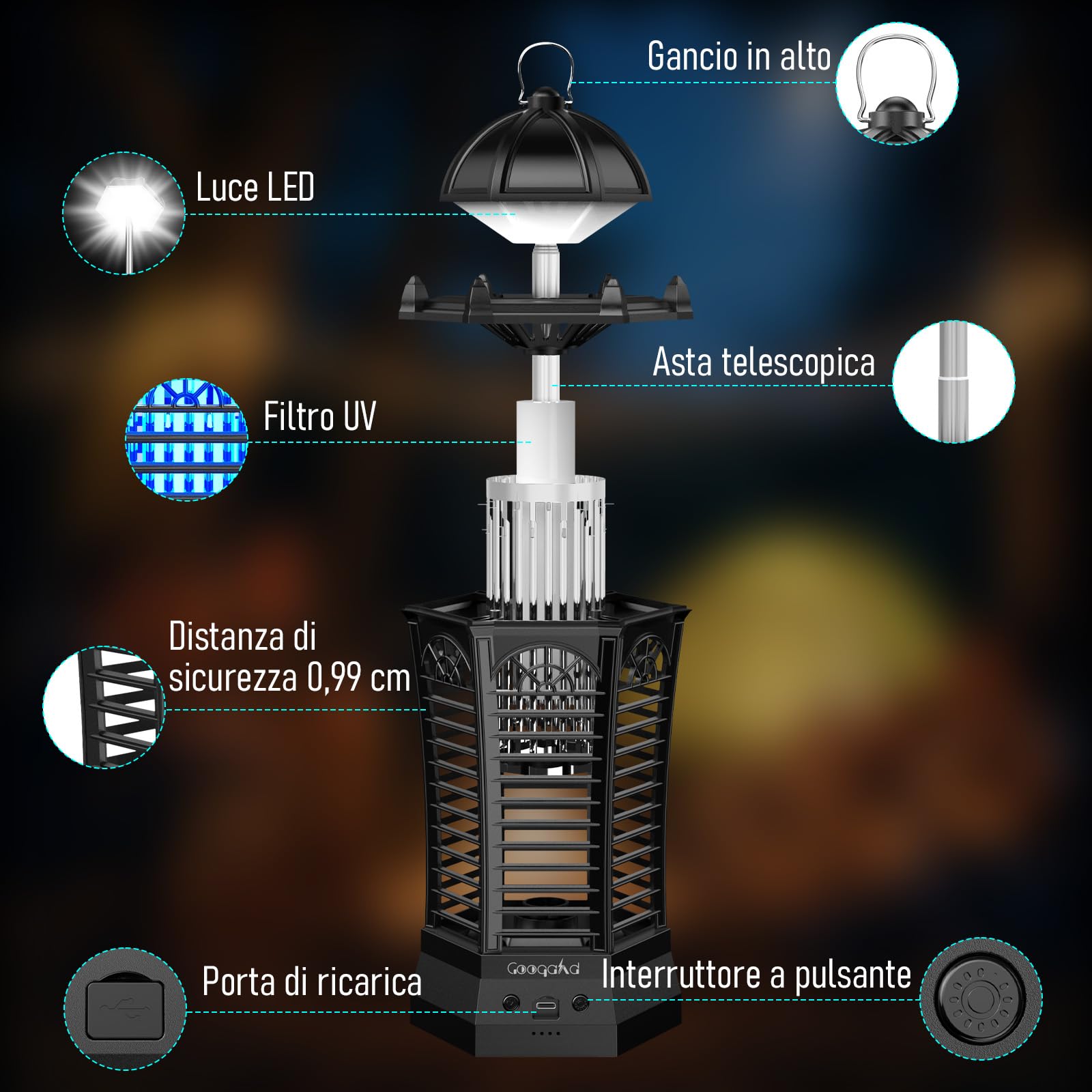 Luce LED con insetticida elettrico, 4500 V, trappola per zanzare, impermeabile IPX4, lampada anti-zanzare, per interni ed esterni