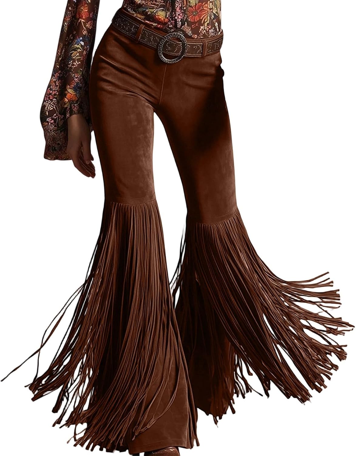Womens Suede Fringe Flare Pants High Waist Slim Fitted Tassel Hem Pants Western Cowgirl Vintage Bootcut Trousers