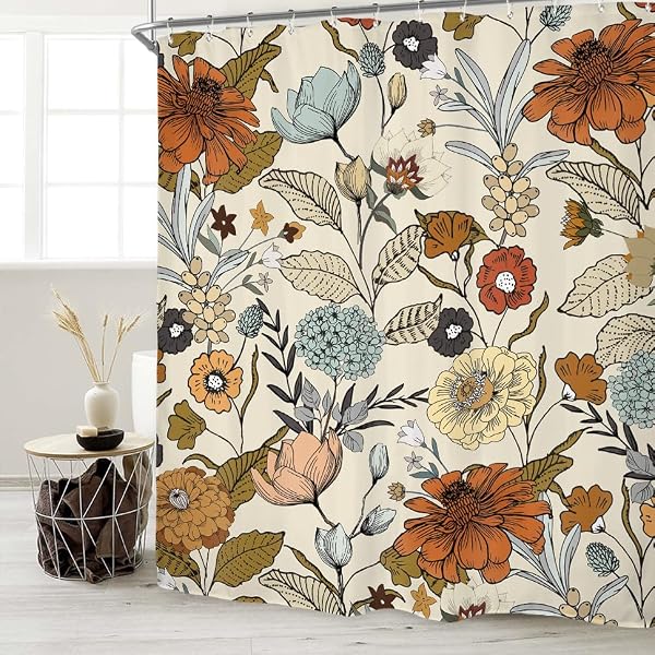 Miyotaa Flower Shower Curtain Set 71Wx71H Inches Vintage Retro Burnt Orange Blossom Botanical Polyester Waterproof Cloth Bathroom Curtain with 12 Hooks - 1