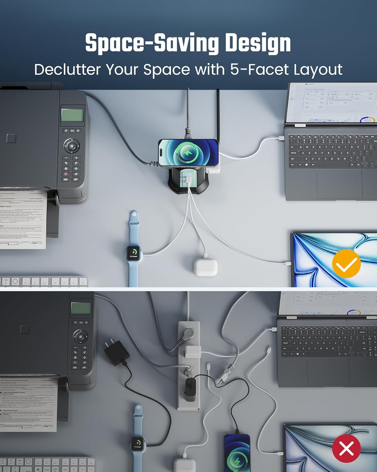 Power Strip Tower Wireless Charger, SUPERDANNY Surge Protector Tower, 10A 1080J Charger Station with 9 Outlets & 4 USB Ports, Extension Cord 10ft for Laptop Phone Black and Blue