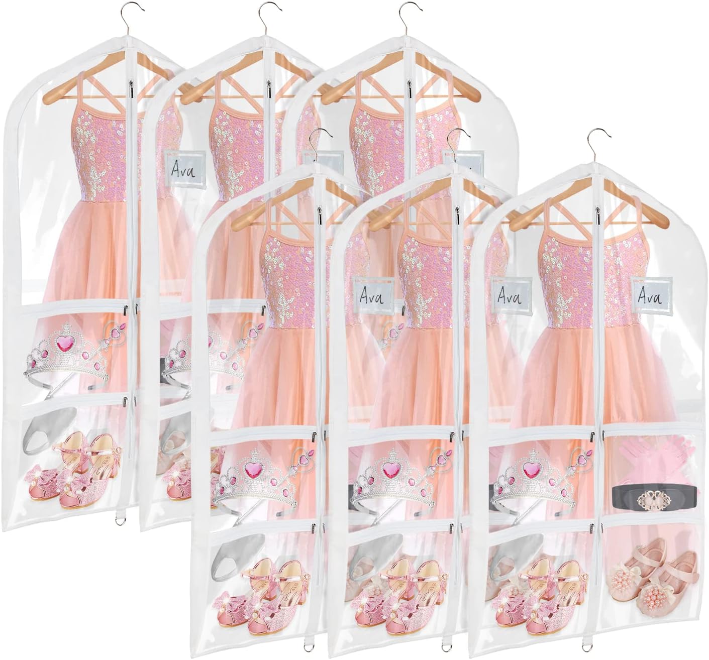 Univivi Clear PVC Dance Costume Bags 6 Pack - 40 Inch Garment Bags for Competitions with Gusset, Multiple Pockets & ID Holder