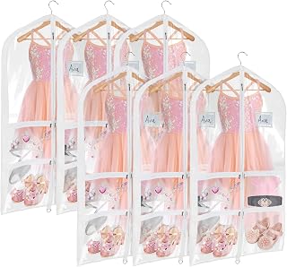 Univivi Clear PVC Dance Costume Bags 6 Pack - 40 Inch Garment Bags for Competitions with Gusset, Multiple Pockets & ID Holder