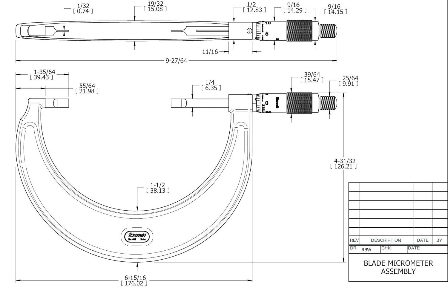 Starrett Blade Type Micrometer with Non-Rotating Spindle, Satin Chrome Finish and Advanced Sleeve Design - 3-4" Range, .001" Graduation, .030" Blade Anvil Type - 486P-4