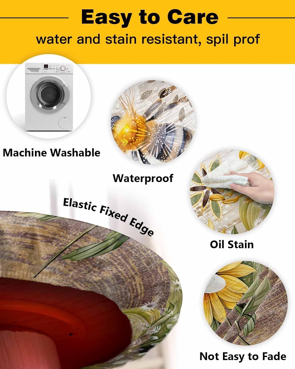 Summer Yellow Sunflower Fitted Round Tablecloth, Waterproof Tablecloth with Elastic Edged Rustic Bee Oil Proof Table Cover for Dining Indoor Outdoor Patio Fits 55"-60" Round Table, Brown Wooden