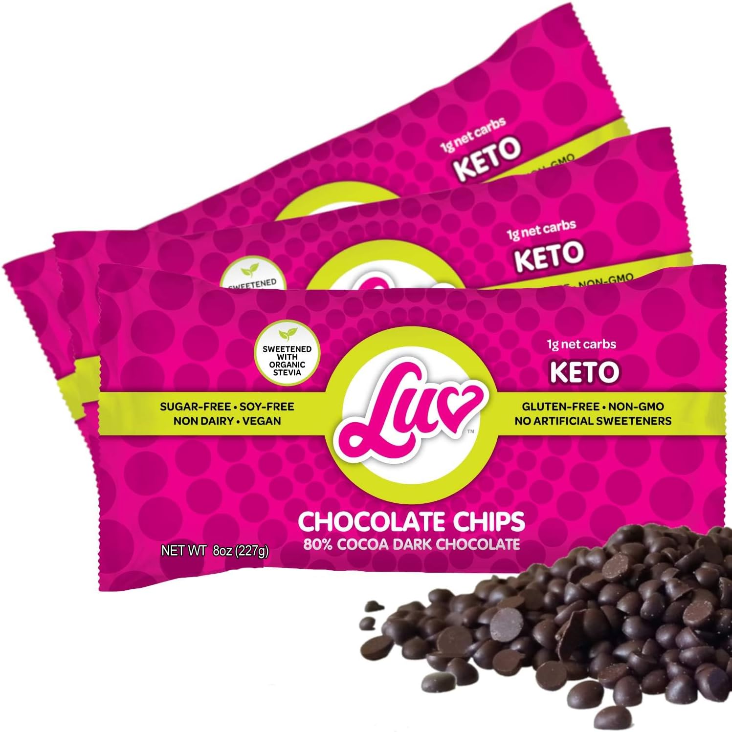 Keto Sugar Free Chocolate Chips - Stevia Sweetened, 1g Net Carb, 80% Cocoa - Gluten & Dairy Free Vegan Non-GMO Low Carb Paleo Friendly Dark Mini Chocolate Chips for Baking 8 oz (3 Pack)