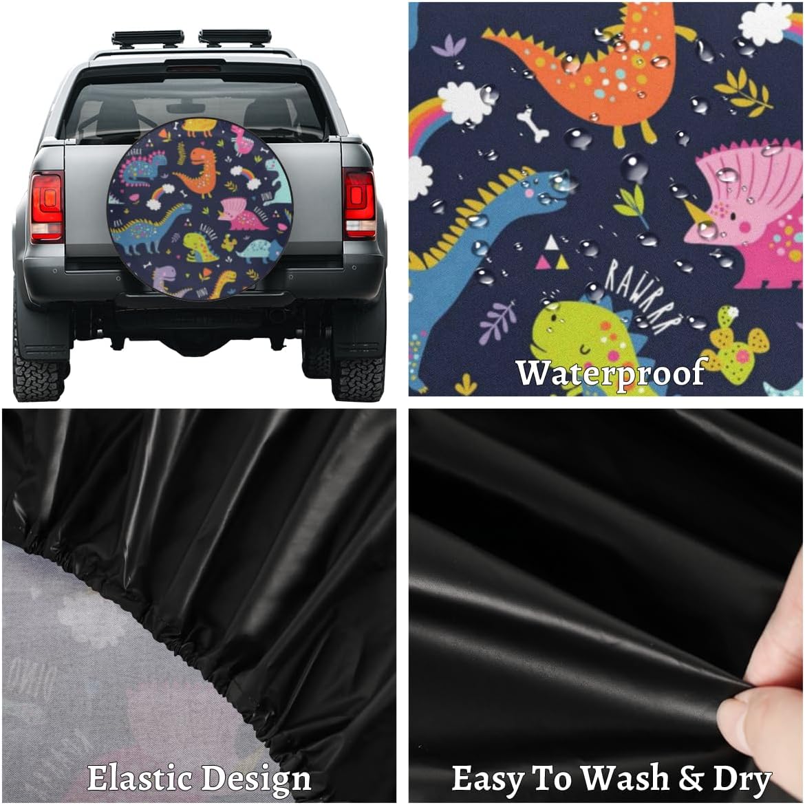 Clever Cartoon Dinosaur Tire Covers Portable Spare Tire Cover Soft Durable Waterproof Dustproof 3 Sizes 14 15 16 Inches for Car Truck SUV Trailer Camper